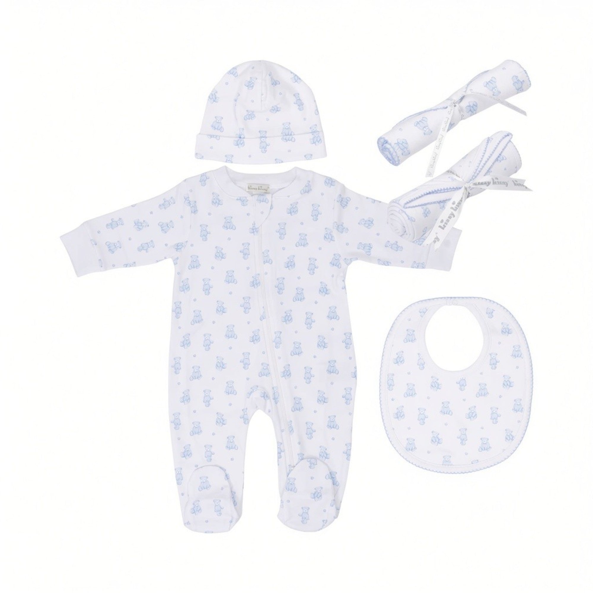 Light blue and white Kissy Kissy Kids newborn gift set with teddy bear pattern, including a footed romper, hat, bib, and two