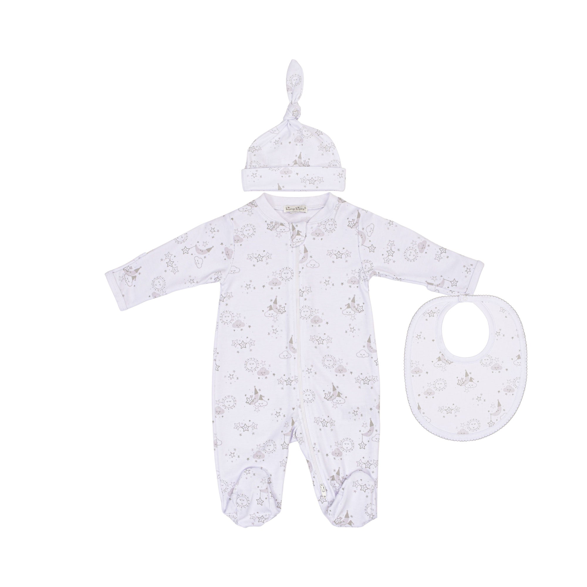 Kissy Kissy Newborn's Sleepsuit with Silver Celestial Pattern, Hat & Bib