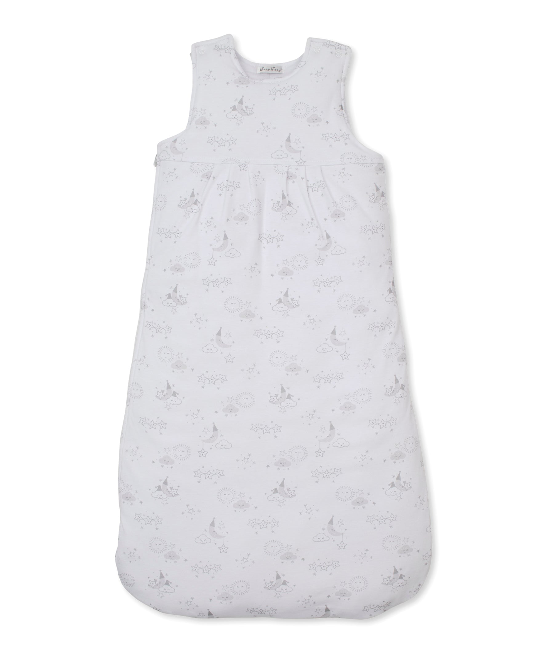 White baby nest with a light grey celestial pattern of moons, stars, clouds, and suns, featuring a sleeveless design and snap