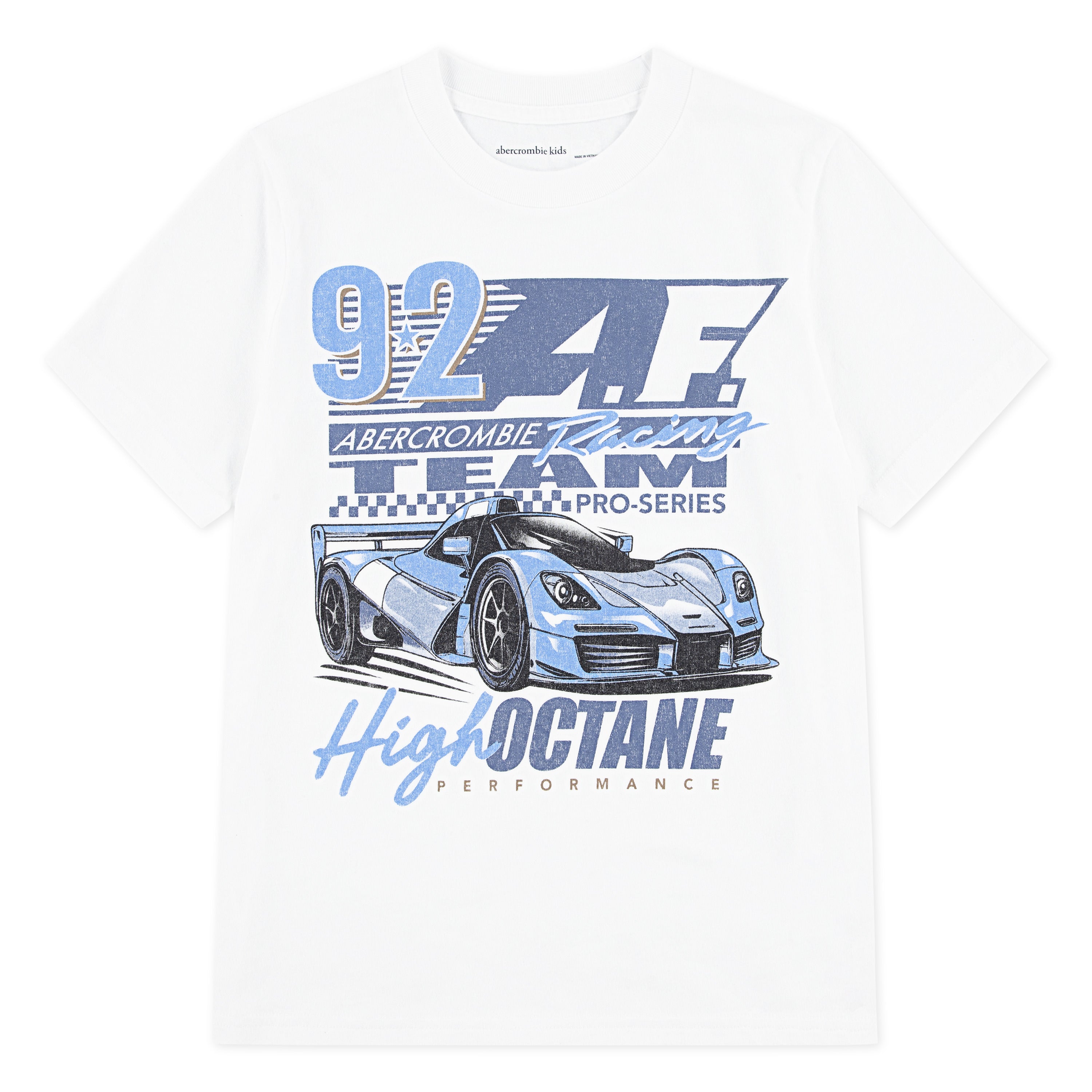 White Abercrombie & Fitch kids graphic T-shirt with racing car illustration, bold blue text print, short sleeves, and classic crew neckline.