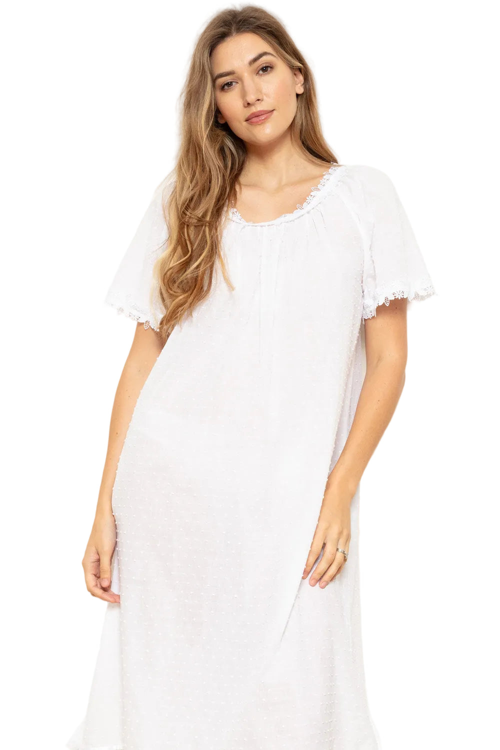 White supervoile Swissdot midi nightdress with short flutter sleeves and lace-trimmed gathered neckline.