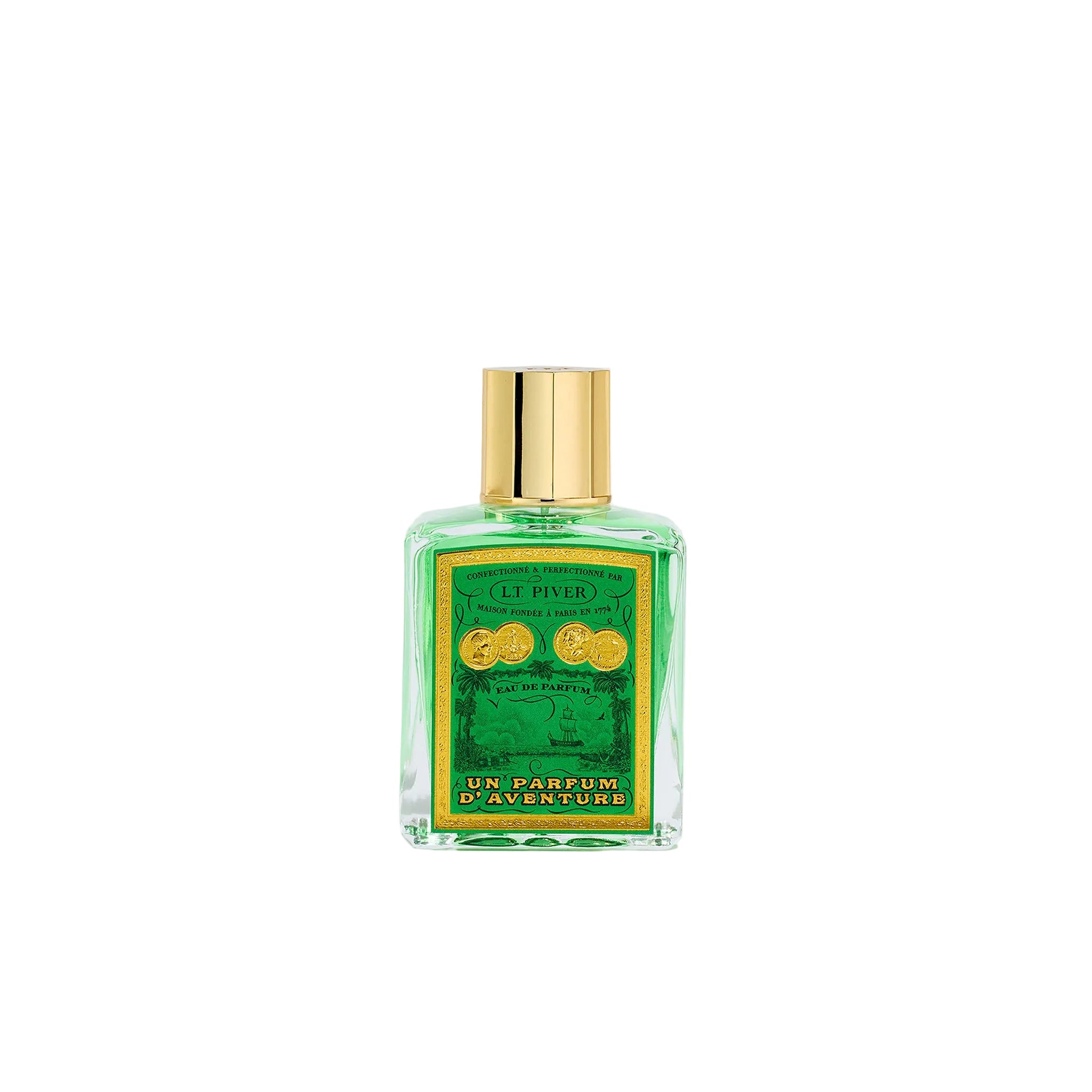 L.T. Piver Un Parfum d’Aventure Eau de Parfum 100ml bottle with gold cap displayed beside a deep green vintage-style box with ornate French artwork, Exclusive Online.