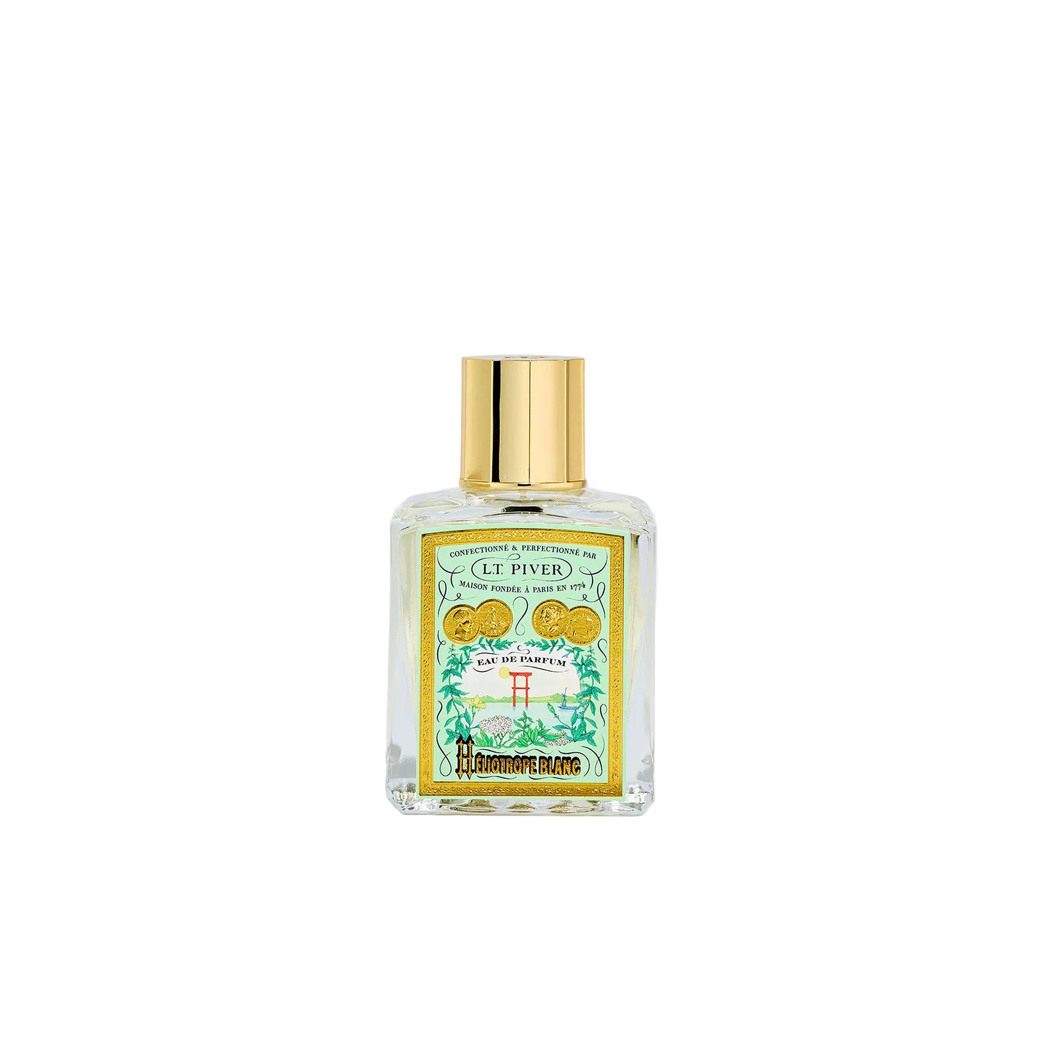 L.T. Piver Heliotrope Blanc Eau de Parfum 100ml bottle with gold cap displayed beside a light green vintage-style box featuring botanical illustrations and a red torii gate, Order Online Today.