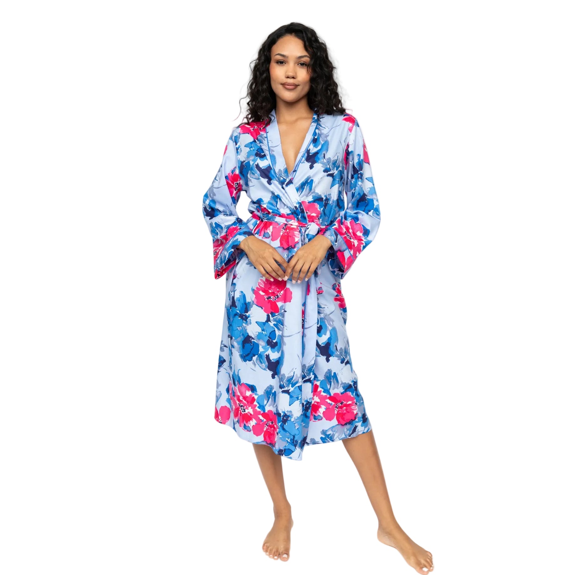 Light blue floral print long dressing gown with pink and blue flowers, a V-neck, wide sleeves, and a self-tie waist.