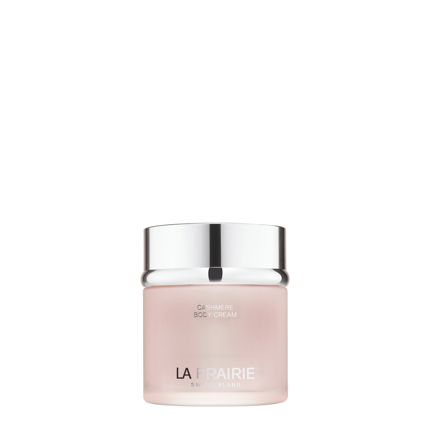 A premium jar of La Prairie Switzerland Cashmere Body Cream. The product features a translucent, frosted glass jar showcasing the pale pink cream inside, topped with a reflective, high-shine silver lid. The brand name "LA PRAIRIE SWITZERLAND" and "CASHMERE BODY CREAM" are printed in clean, silver sans-serif typography on a white background.