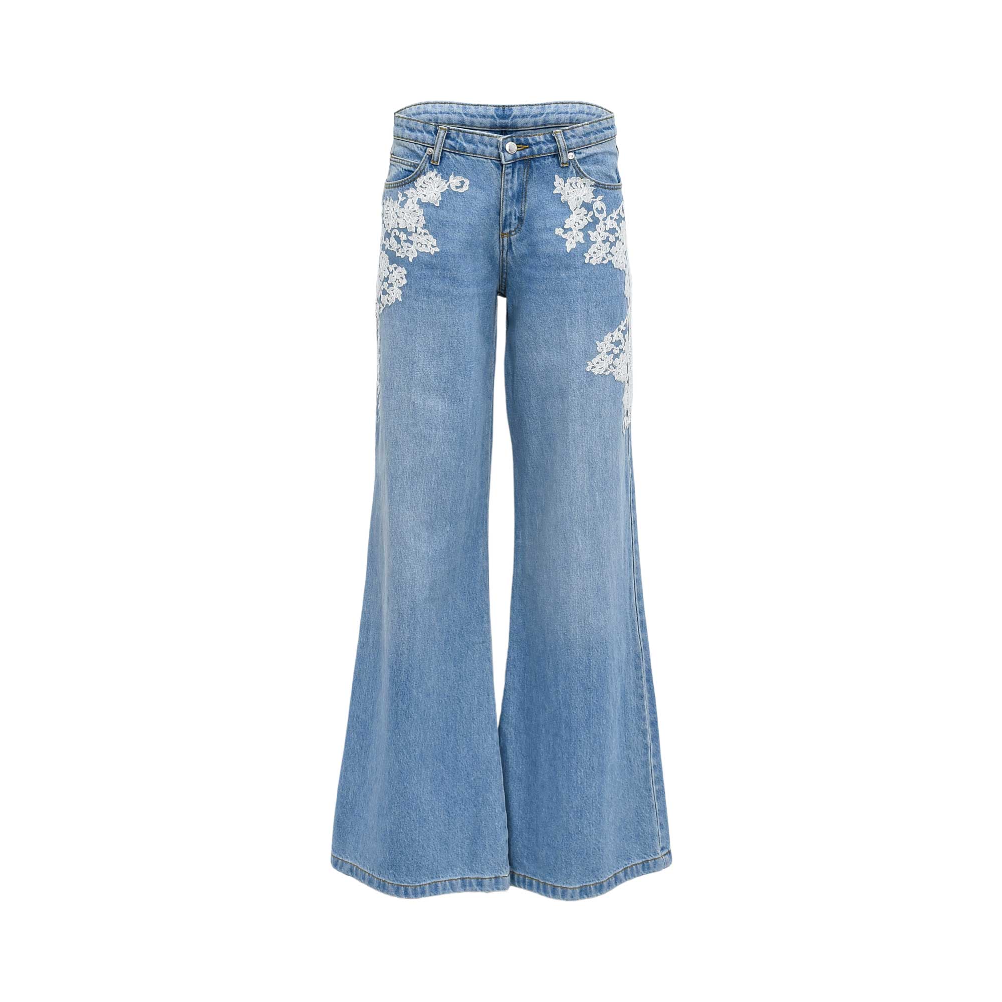 Ermanno Firenze light blue wide-leg denim trousers featuring high waist, contrast stitching, and white floral lace embroidery on the upper thighs.