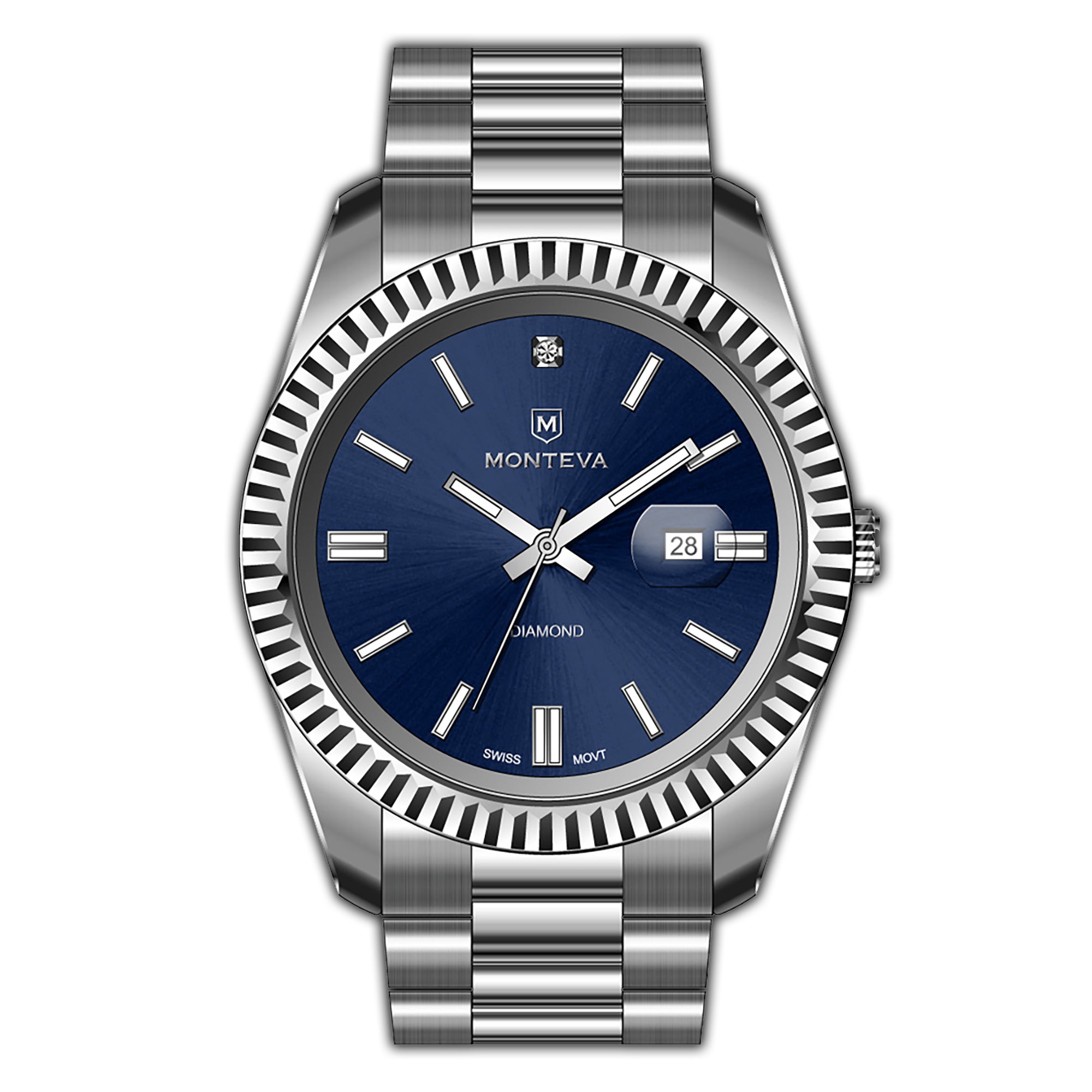 MONTEVA Gents watch with silver-toned case, fluted bezel, deep blue sunburst dial, silver-toned bracelet, and date window.