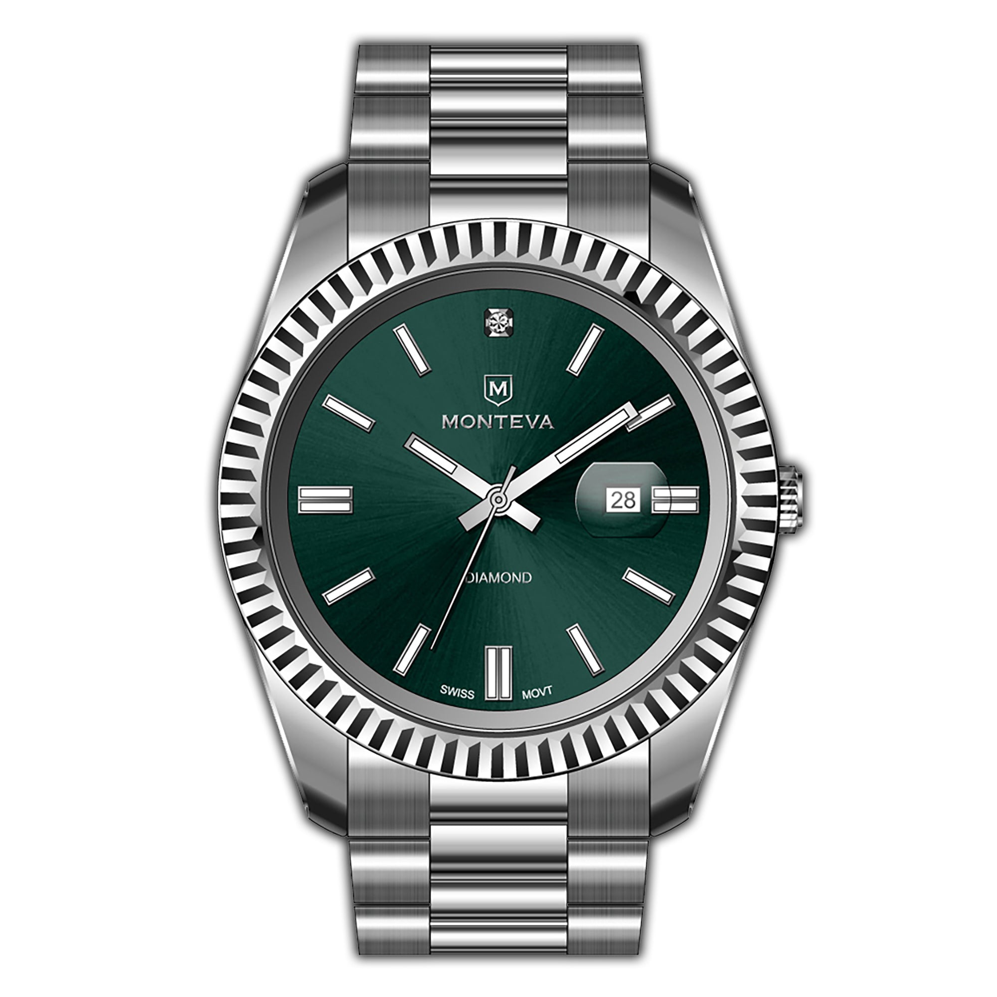 MONTEVA gents' watch with a silver-toned case, fluted bezel, deep green sunburst dial, and silver-toned metal bracelet.