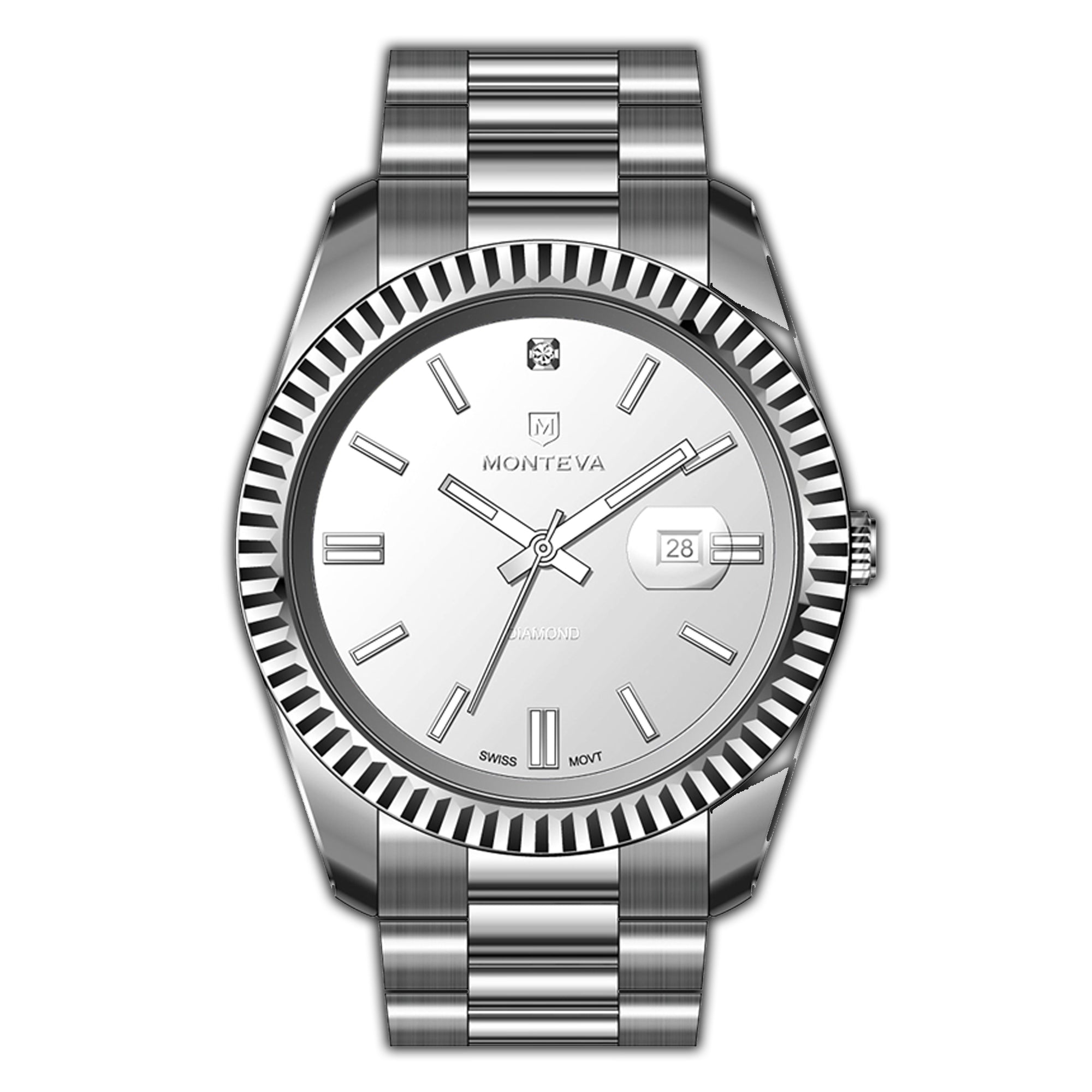 Silver-toned MONTEVA men's watch with a fluted bezel, silver dial, baton markers, and a three-link metal bracelet.