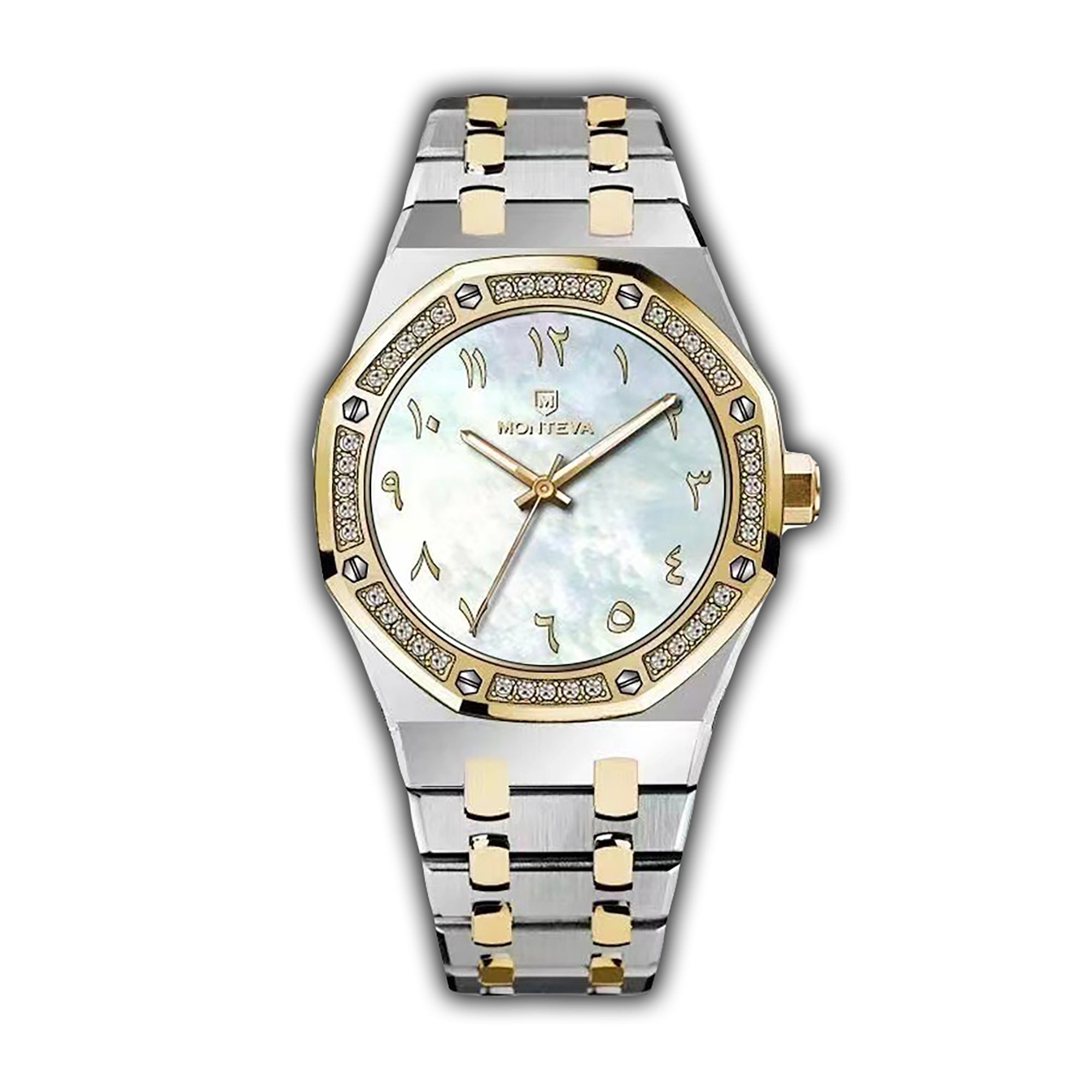 Silver and gold-toned MONTEVA ladies' watch with octagonal crystal-set bezel, white mother-of-pearl dial, and Arabic numerals