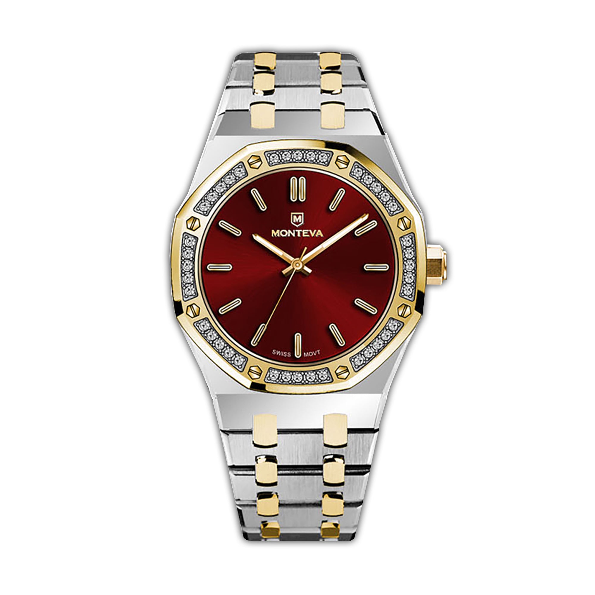 MONTEVA ladies watch with a red sunray dial, gold-toned hands, and a silver-toned and gold-toned two-tone bracelet.