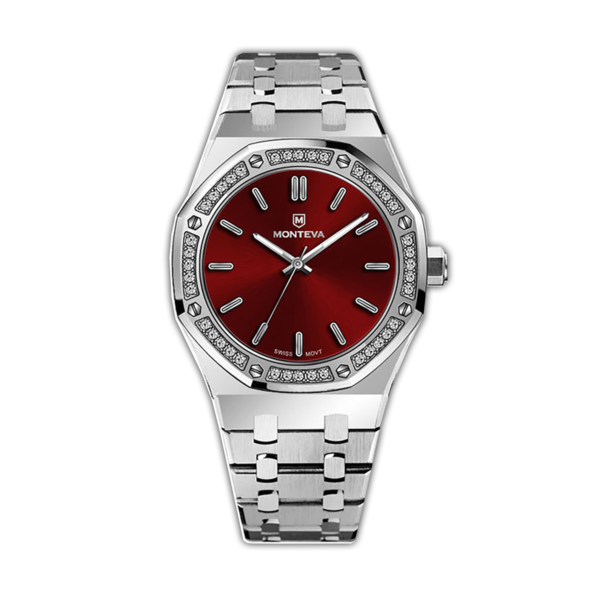Silver-toned MONTEVA ladies' watch with an octagonal bezel, clear stone embellishments, a red sunburst dial, and a metal link