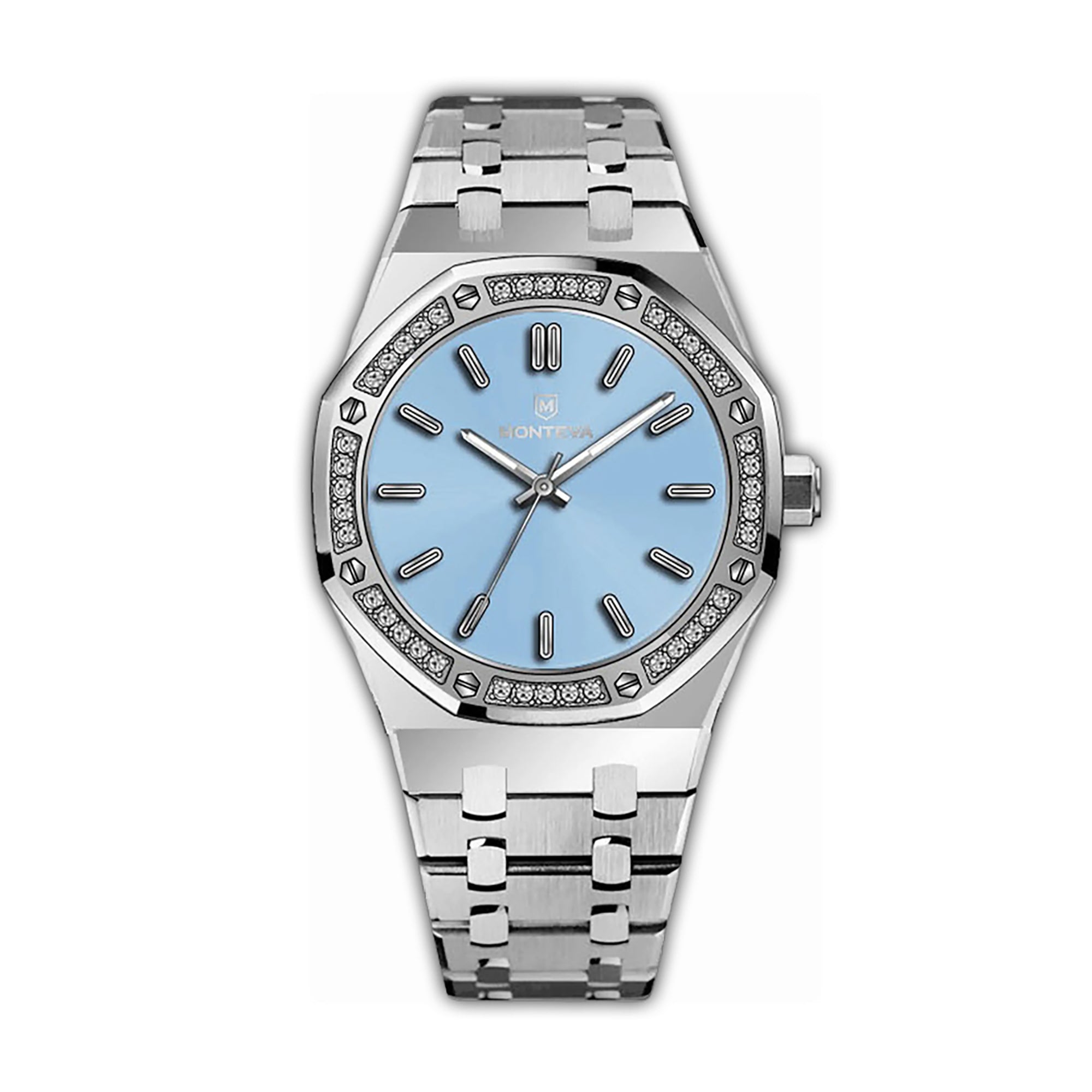 MONTEVA ladies' watch with a silver-toned octagonal case, light blue dial, and silver-toned link bracelet. Bezel is embellish