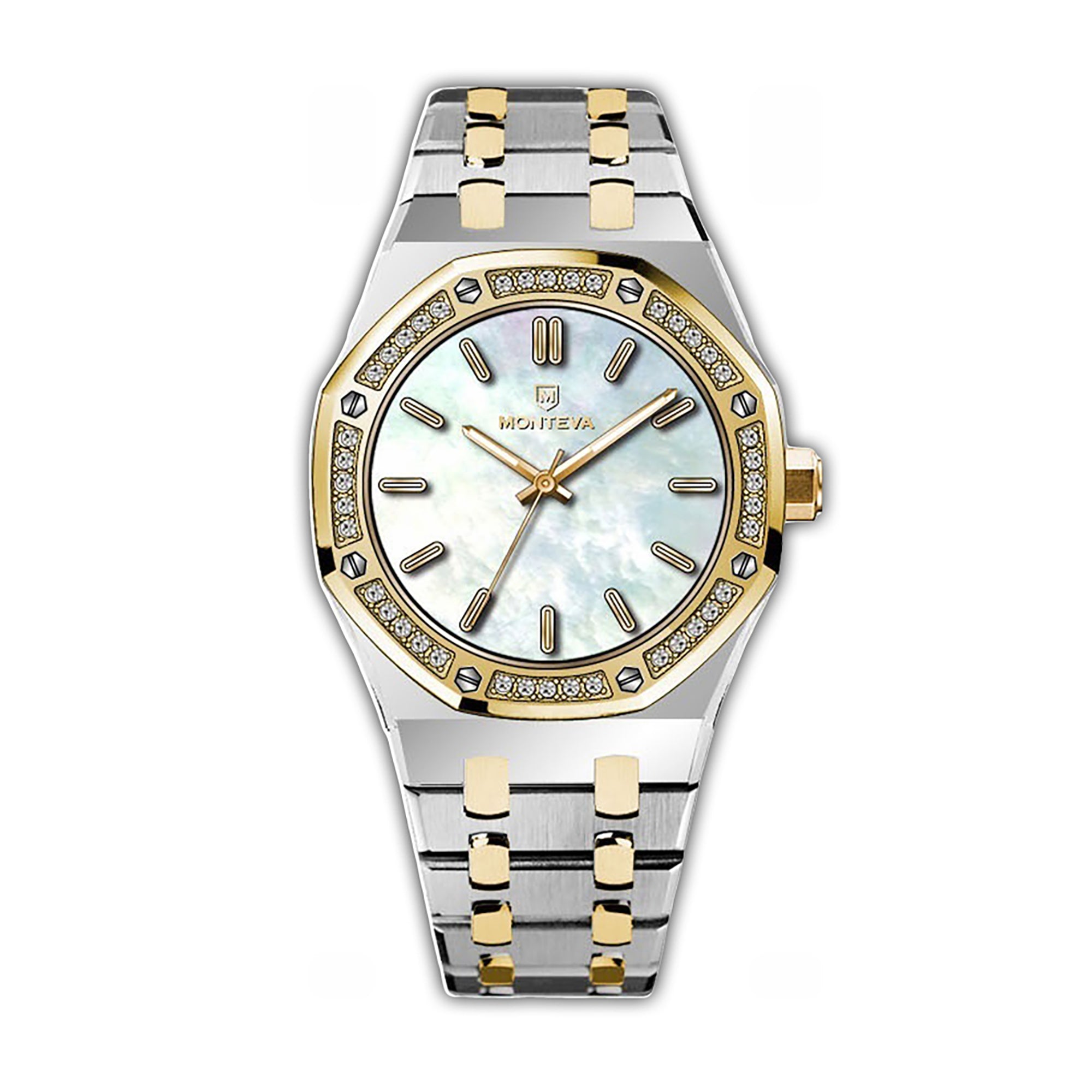MONTEVA ladies' watch with a silver-toned and gold-toned two-toned bracelet, gold-toned octagonal bezel with clear stones, an