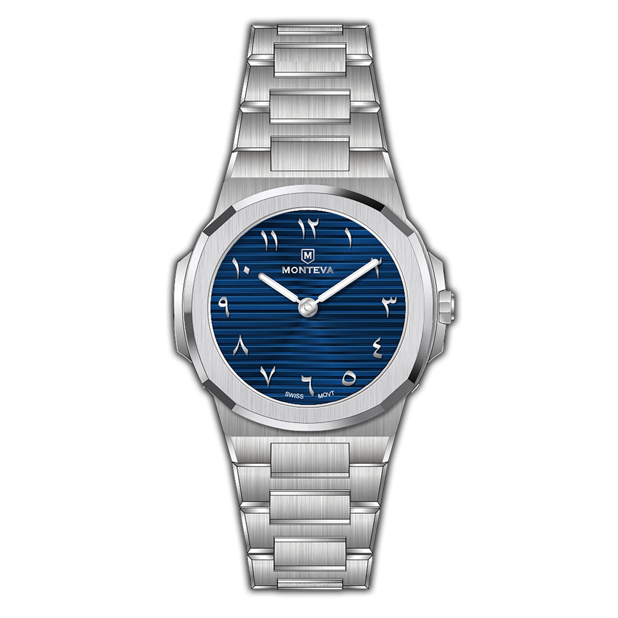 Silver-toned MONTEVA gents watch with an octagonal bezel, a blue horizontally striped dial, and white Arabic numerals.