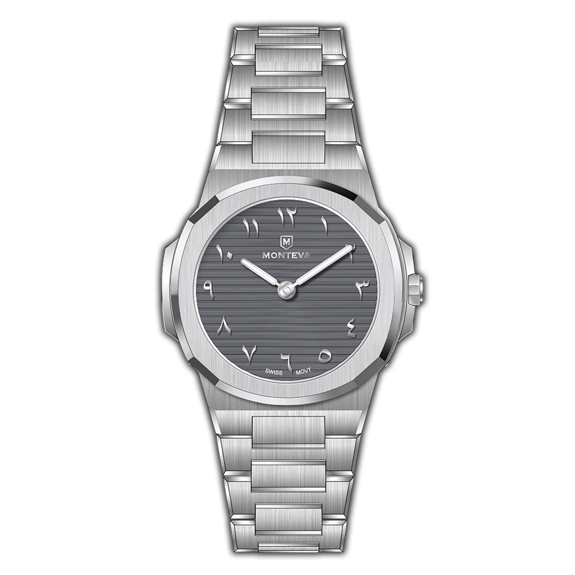 Silver-toned MONTEVA Gents slim watch with a dark grey textured dial, octagonal bezel, and Eastern Arabic numerals.