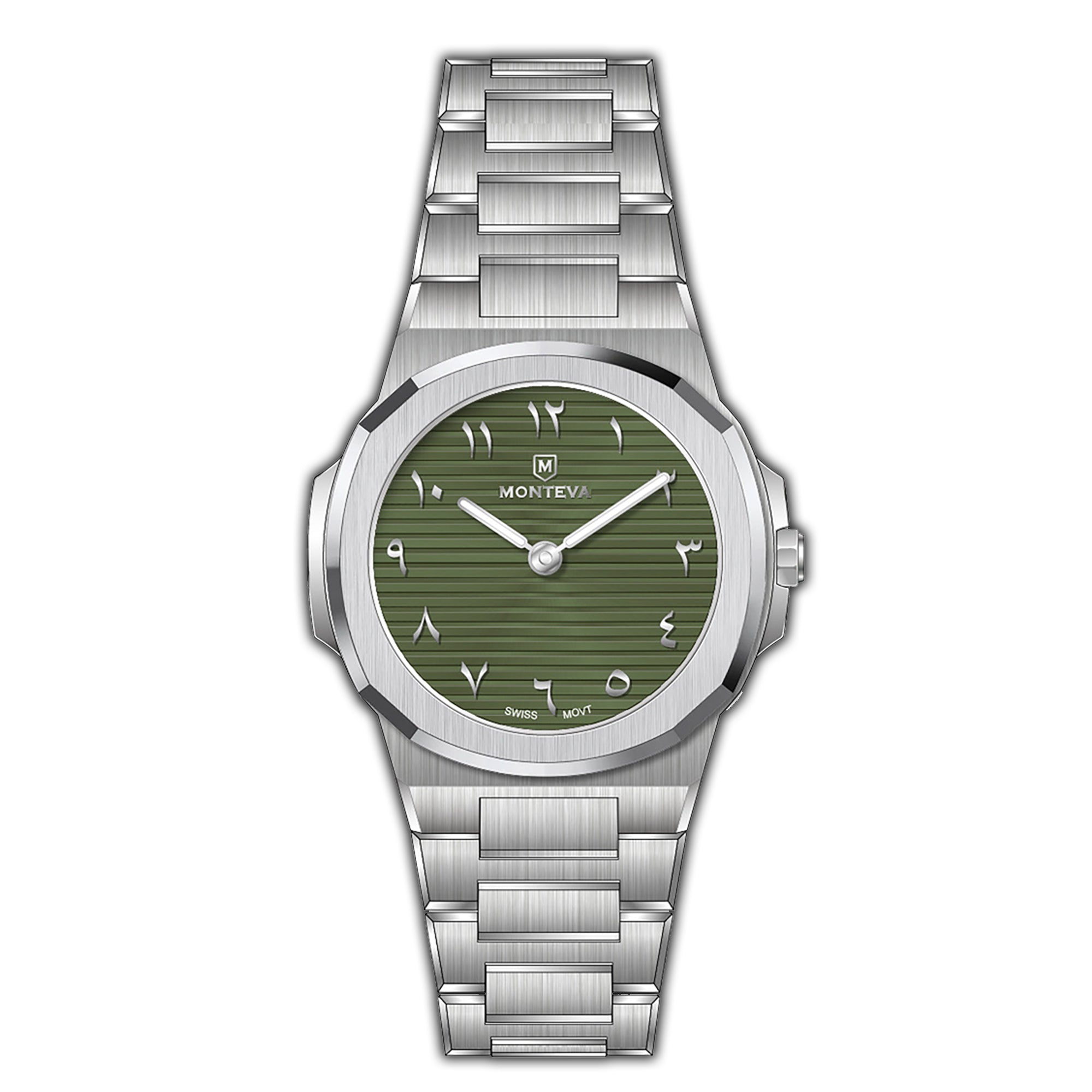 Silver-toned MONTEVA watch with an octagonal bezel, integrated bracelet, and a green dial with horizontal texture and Eastern