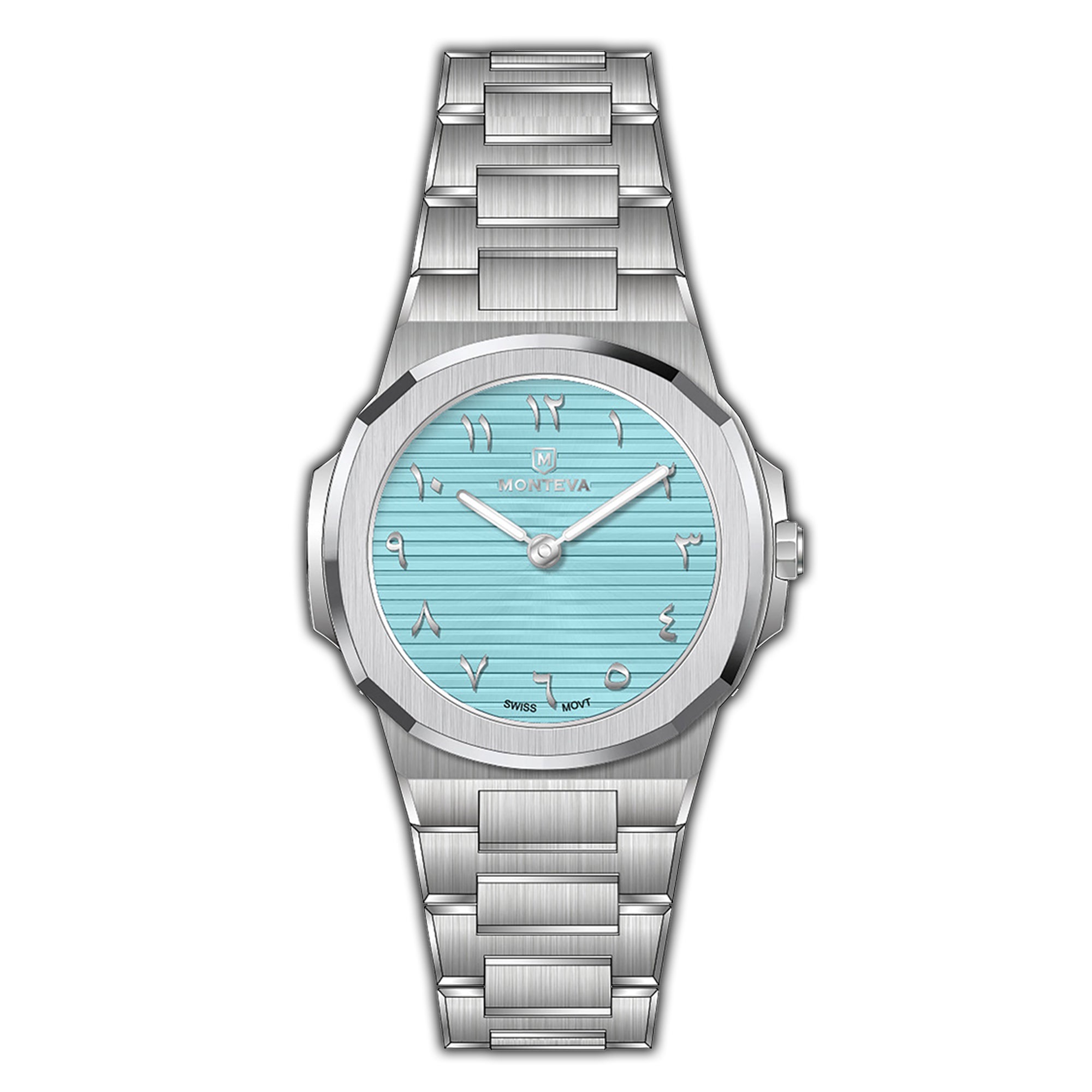 MONTEVA Gents slim watch with a silver-toned metal case and bracelet, featuring a light blue horizontally striped dial with A