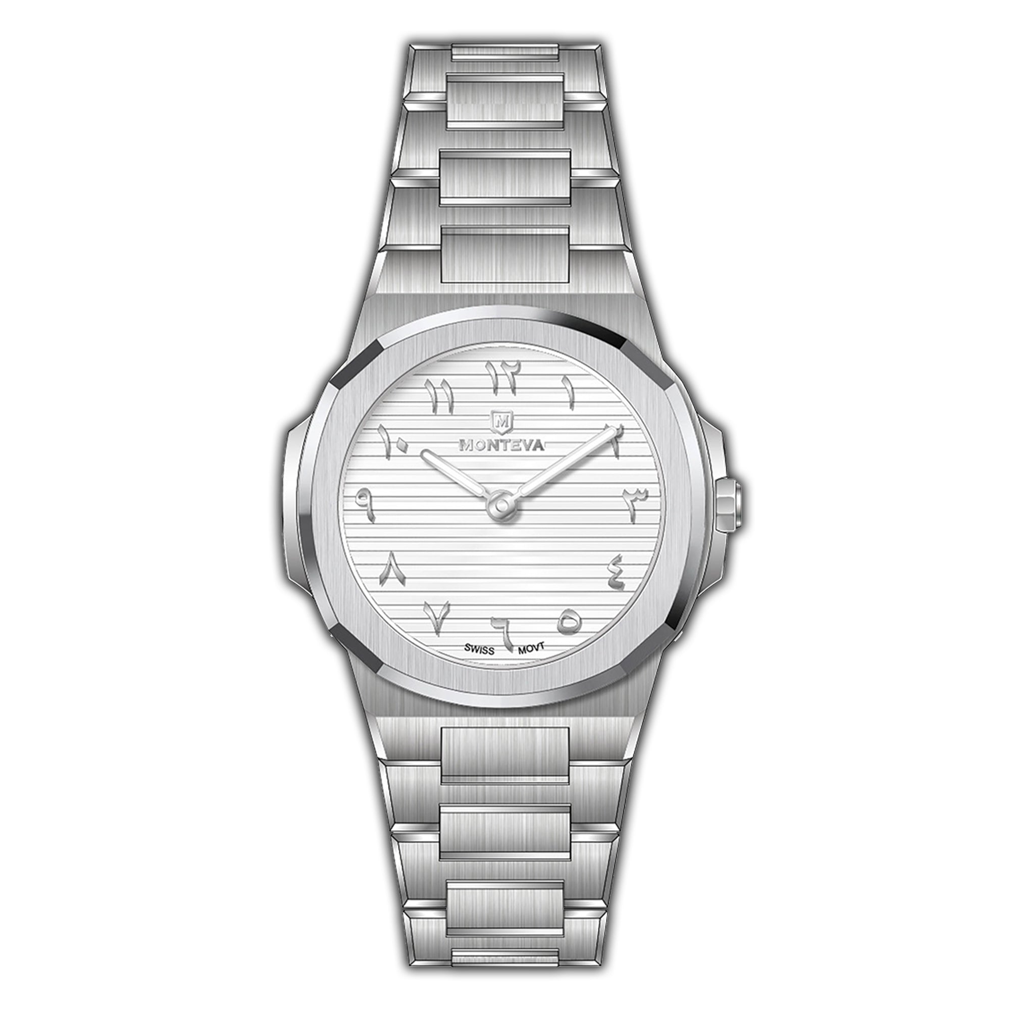 Silver-toned MONTEVA Gents watch with an octagonal bezel, brushed metal bracelet, and white dial with Arabic numerals.