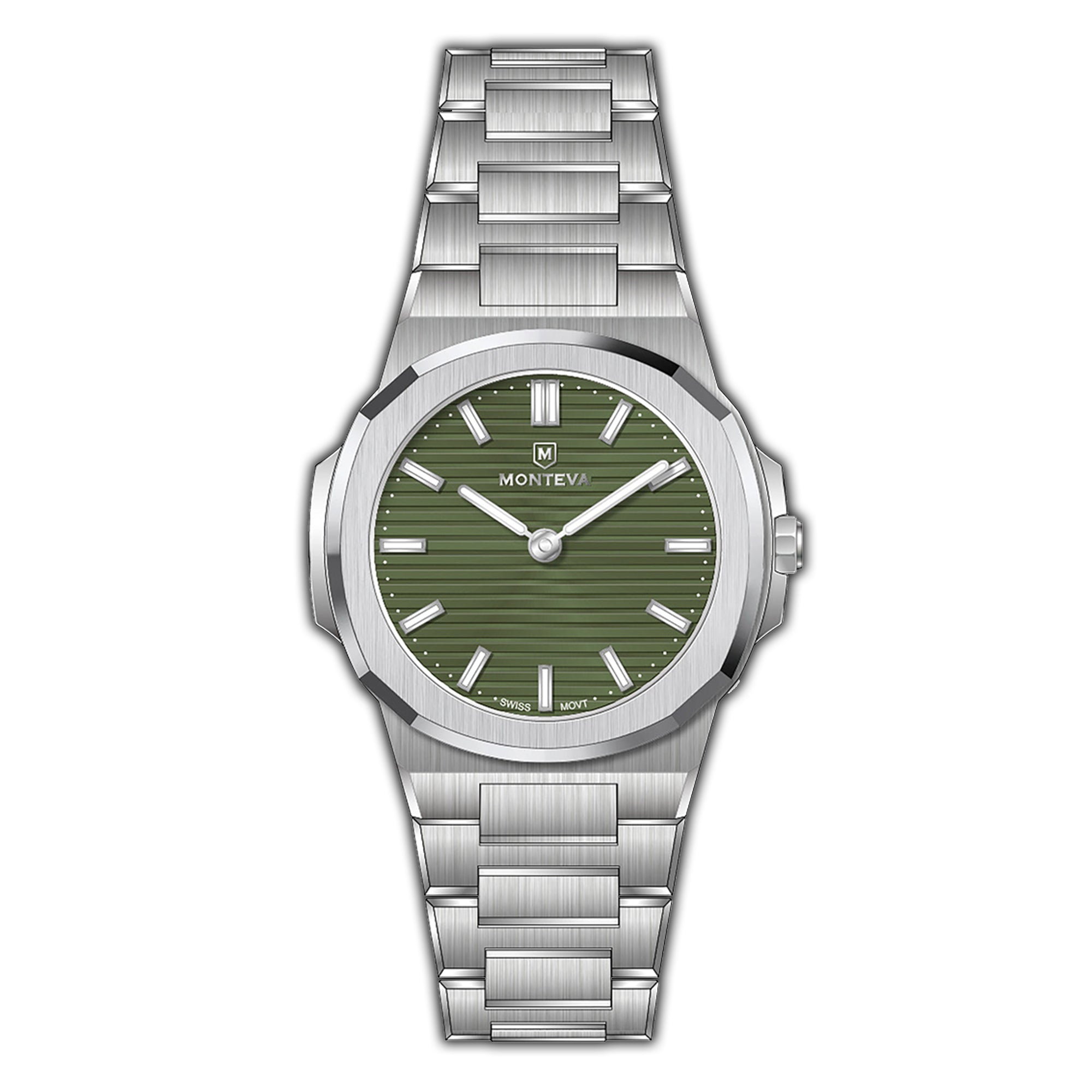 MONTEVA gents slim watch with a silver-toned octagonal case, silver-toned integrated bracelet, and an olive green horizontall
