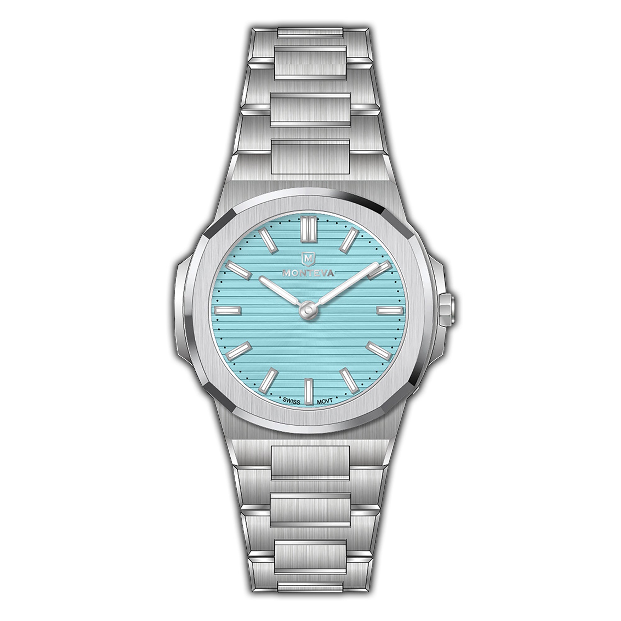 MONTEVA Gents slim watch with a silver-toned integrated stainless steel bracelet and a light blue horizontally grooved dial.