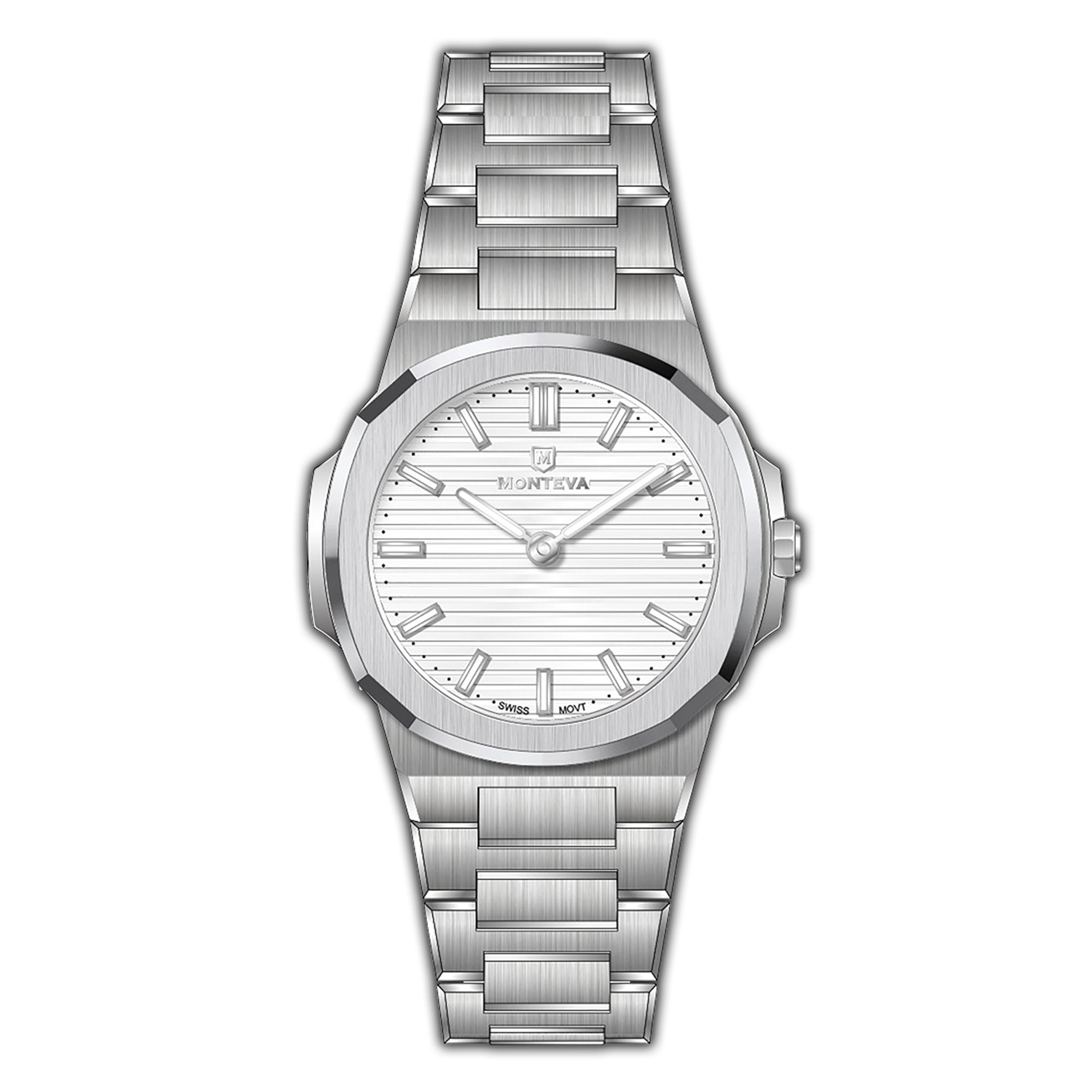 Silver-toned MONTEVA Gents watch with an octagonal bezel, white horizontally striped dial, and integrated metal bracelet