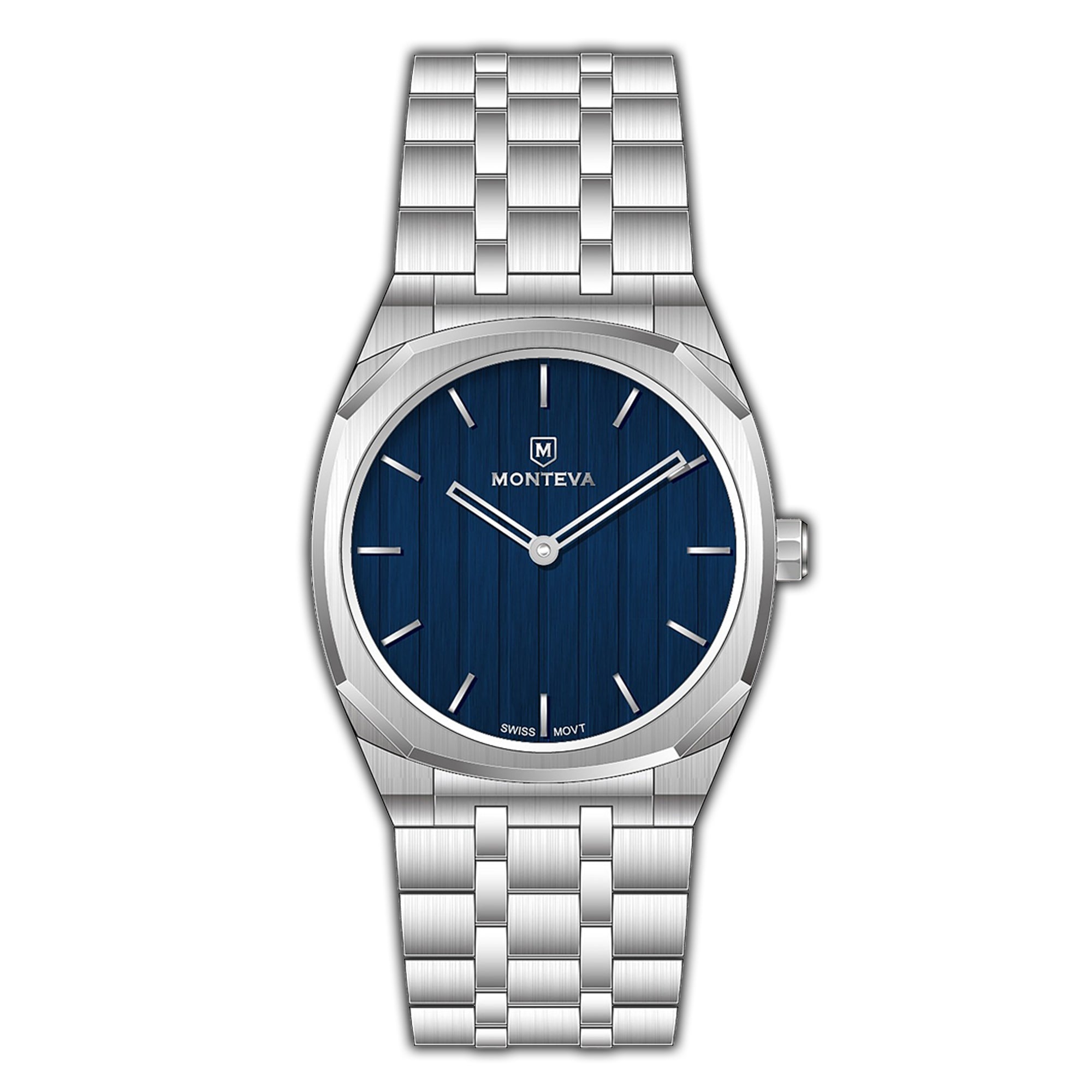 MONTEVA gents watch with a silver-toned stainless steel case and bracelet, featuring a deep blue vertically brushed dial.