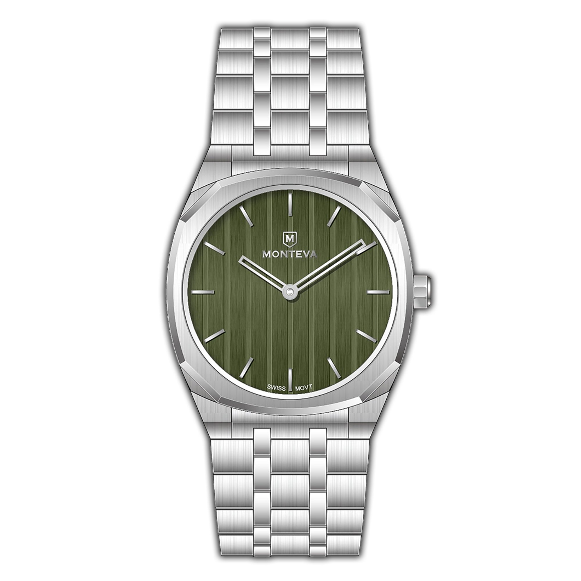 Silver-toned MONTEVA gents watch with an angular case, integrated metal link bracelet, and a dark olive green vertically text