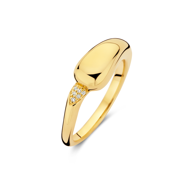 Yellow gold-plated ring with a smooth, elongated top and a cluster of small clear stones on one side of the band.