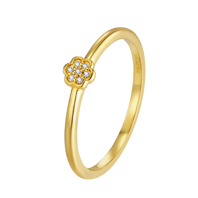 Yellow gold plated ring with a flower motif featuring seven clear, round-cut stones
