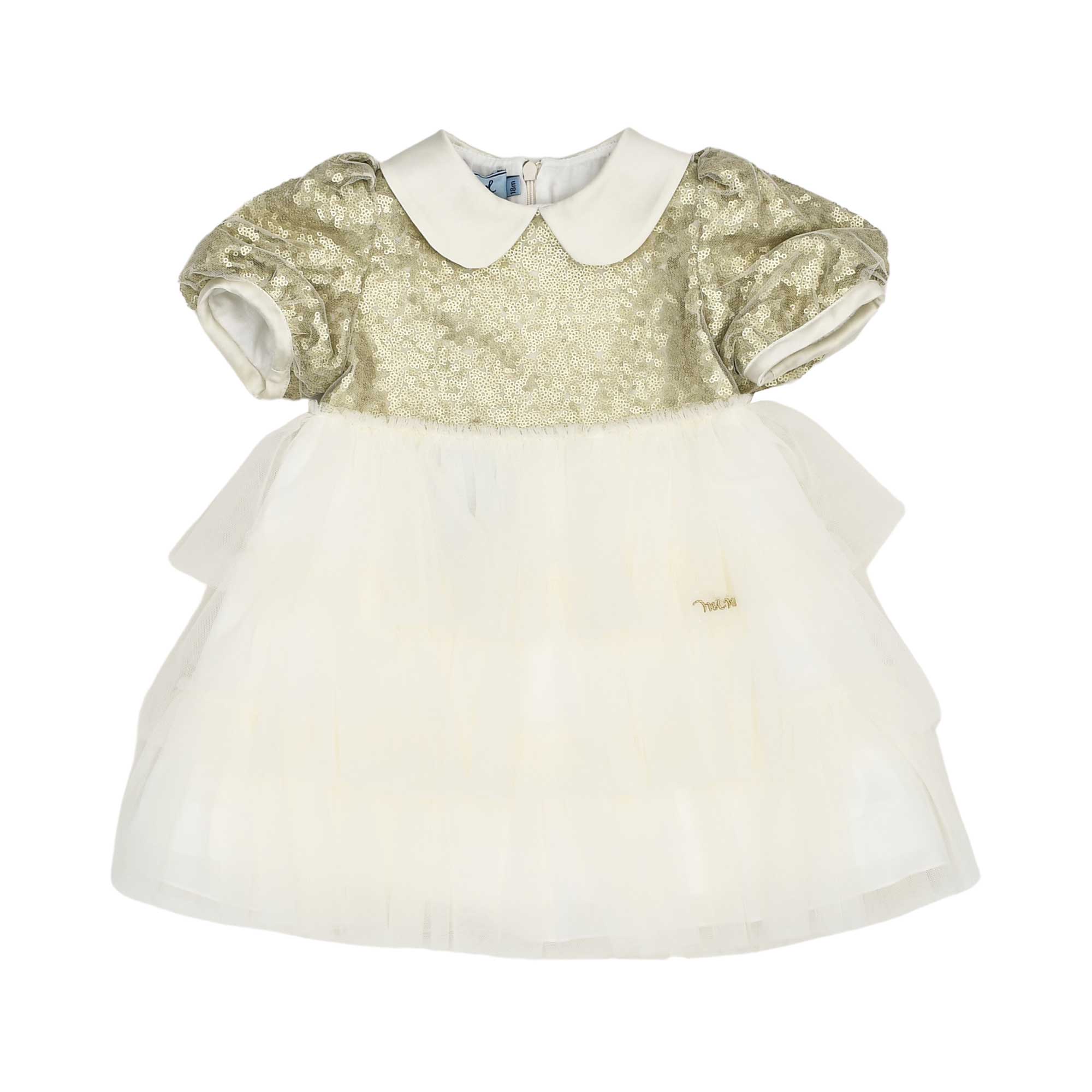 MIMISOL baby girls ivory and gold dress with sequined bodice, Peter Pan collar, and layered tulle skirt.