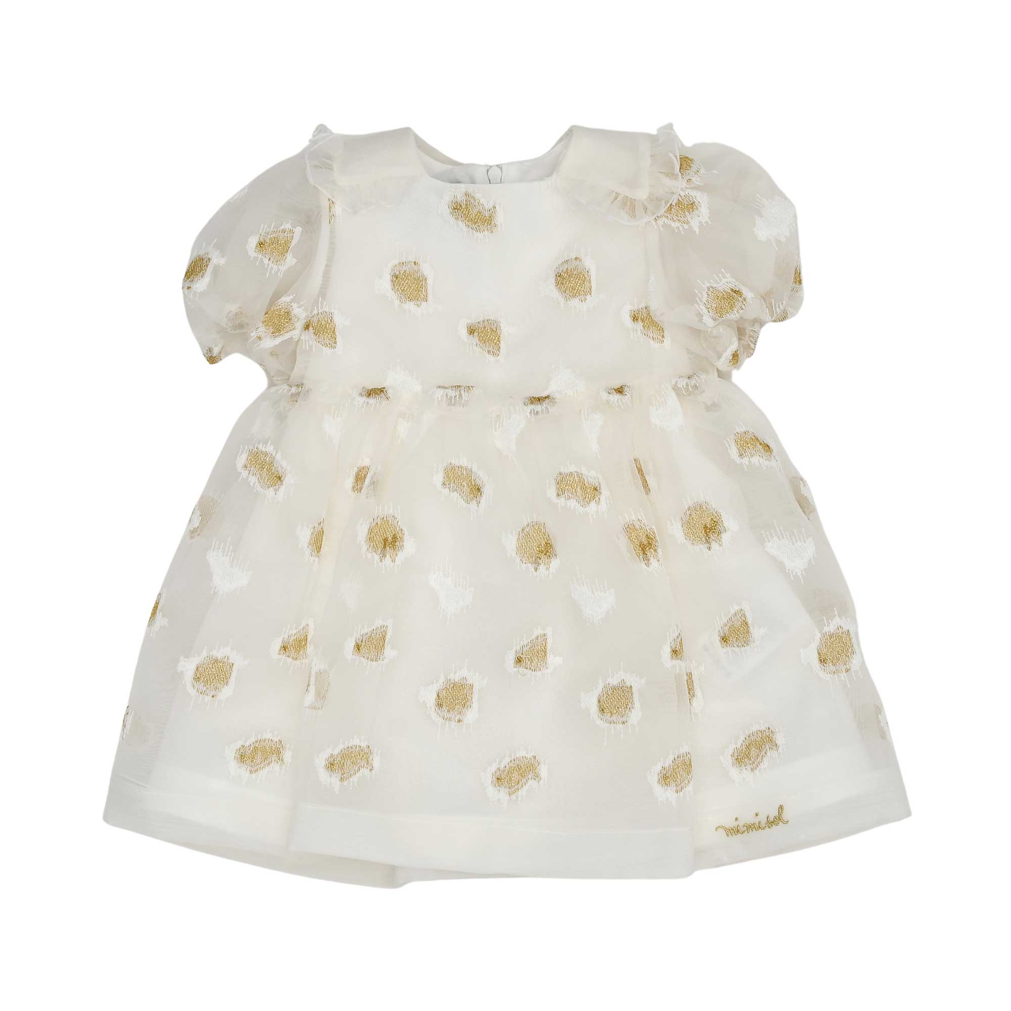 MIMISOL baby girls ivory tulle dress with gold embroidered details and puff sleeves.
