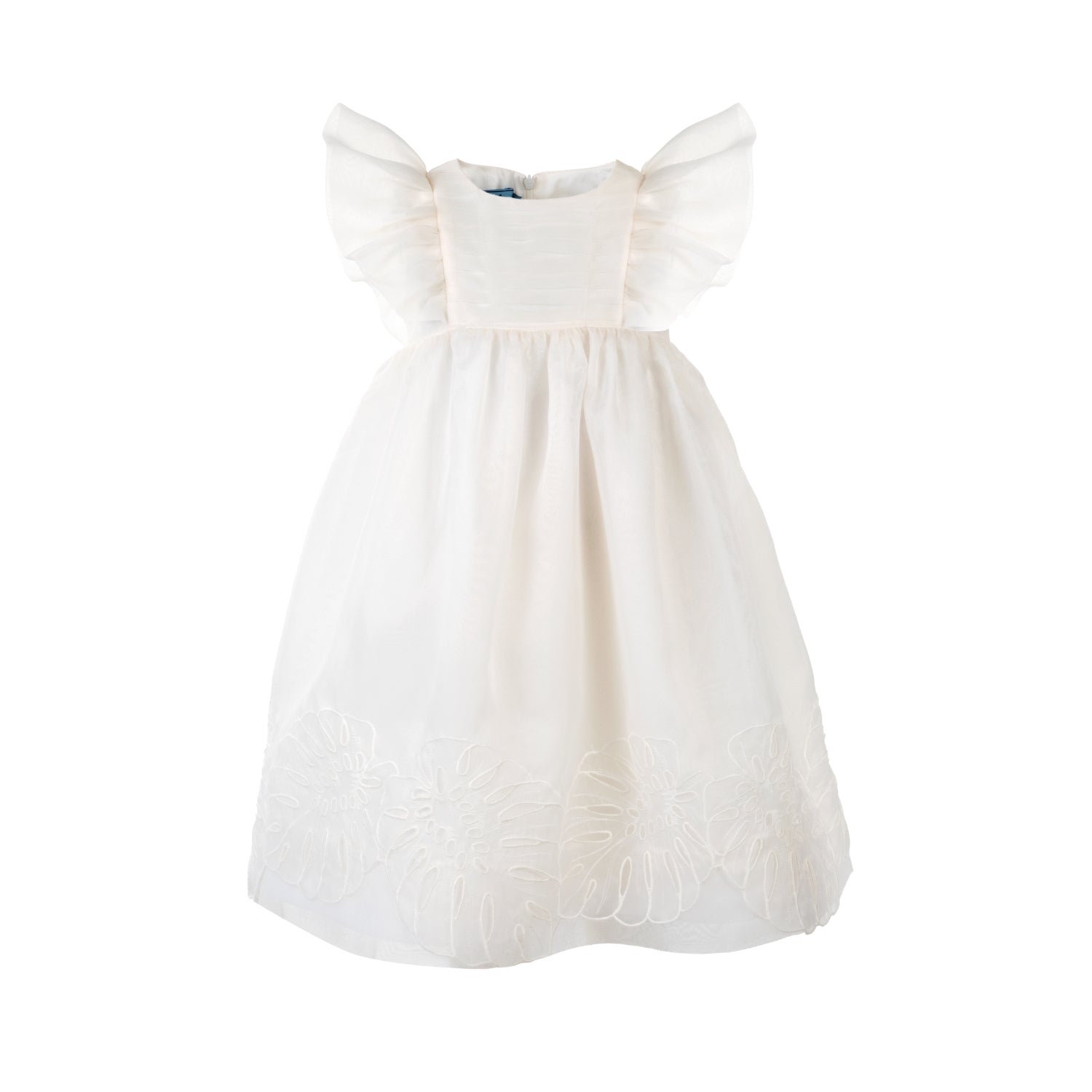 MiMiSol cream organza girls' dress featuring dramatic sheer flutter sleeves, a pleated bodice, and large floral embroidery at the hem.