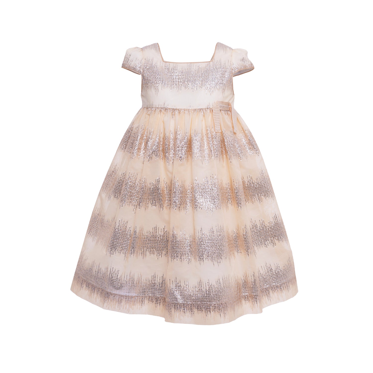 MIMISOL girls' champagne party dress featuring horizontal gold metallic zig-zag jacquard patterns, cap sleeves, and a small bow detail at the waist.