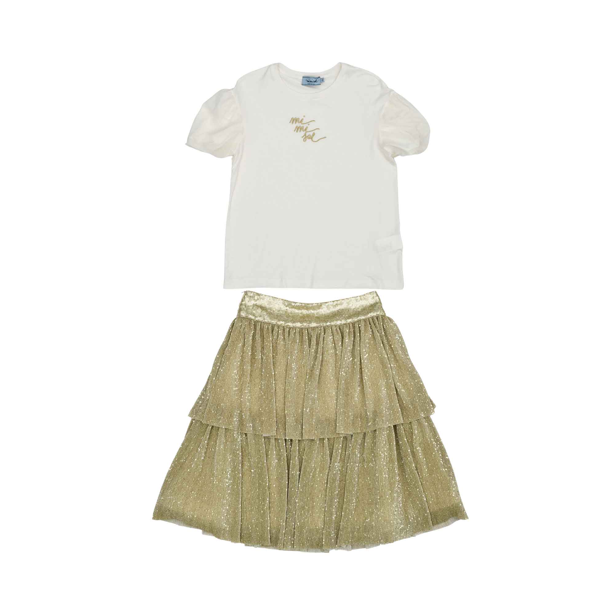 MIMISOL girls white puff sleeve T-shirt with gold logo and layered gold shimmer skirt two-piece outfit.