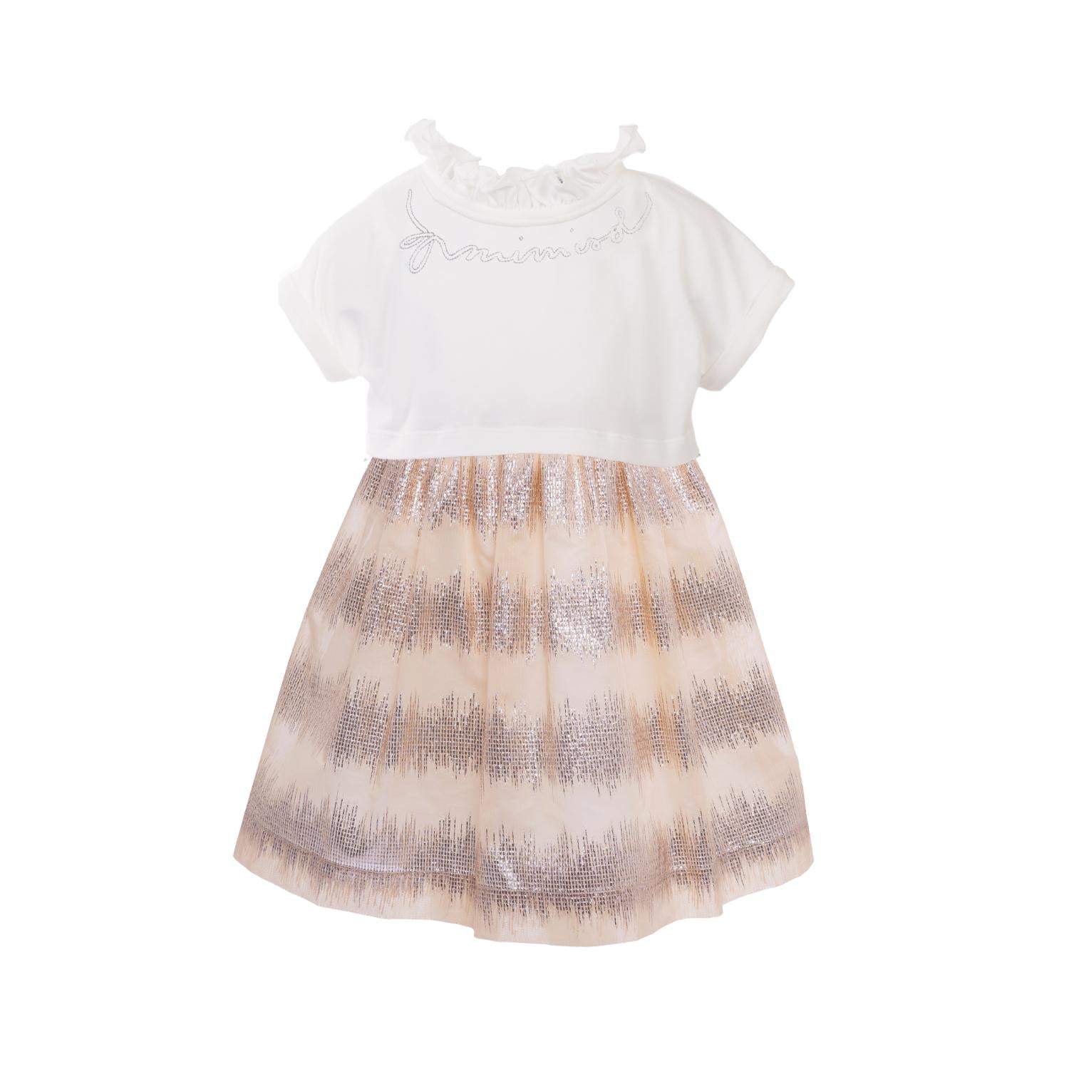 Mimisol girls' dress featuring a white short-sleeved bodice with a ruffled collar and a champagne-colored tulle skirt with horizontal metallic gold patterns.