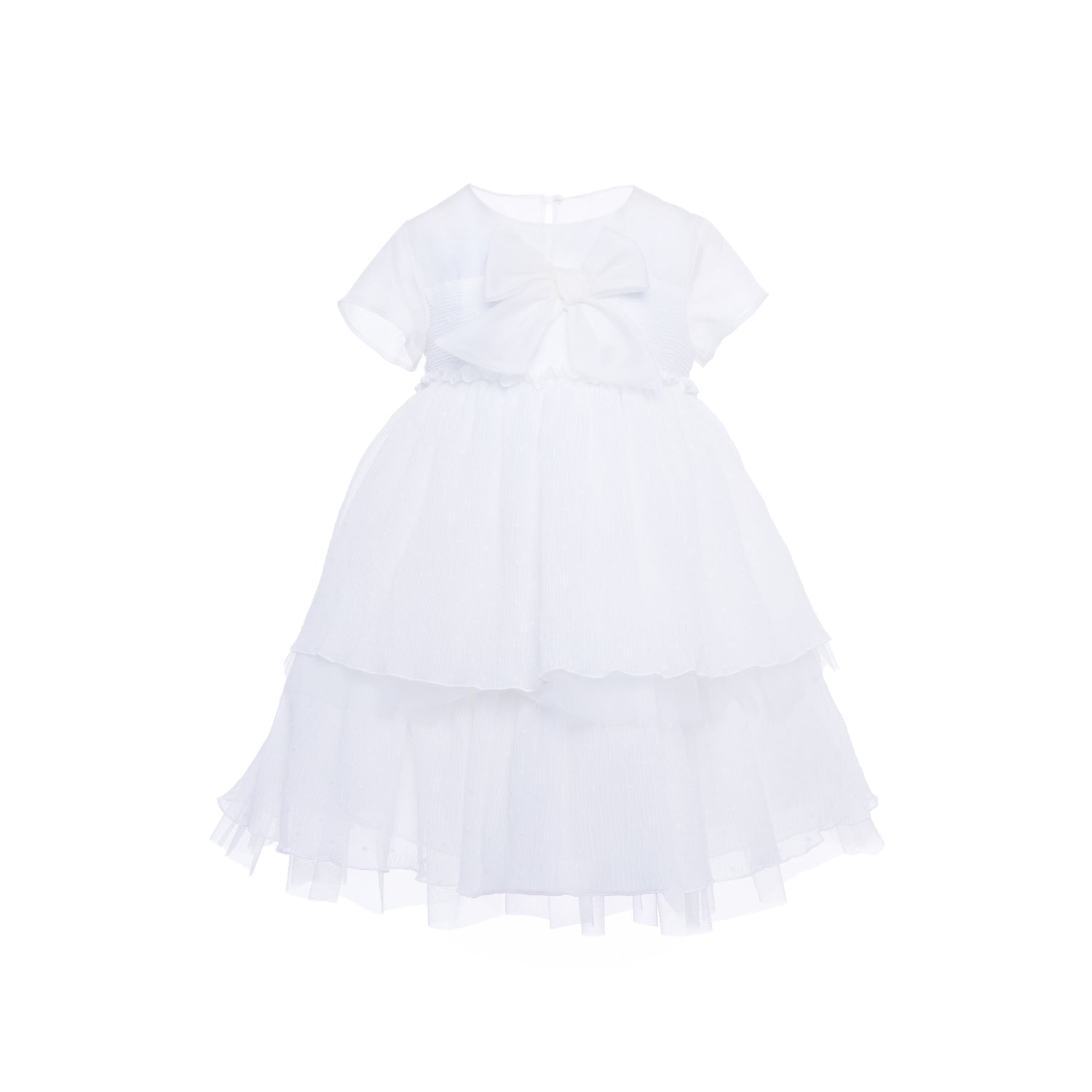 MIMISOL luxury white occasion dress for girls featuring short sleeves, a large decorative chest bow, and a voluminous tiered pleated tulle skirt.