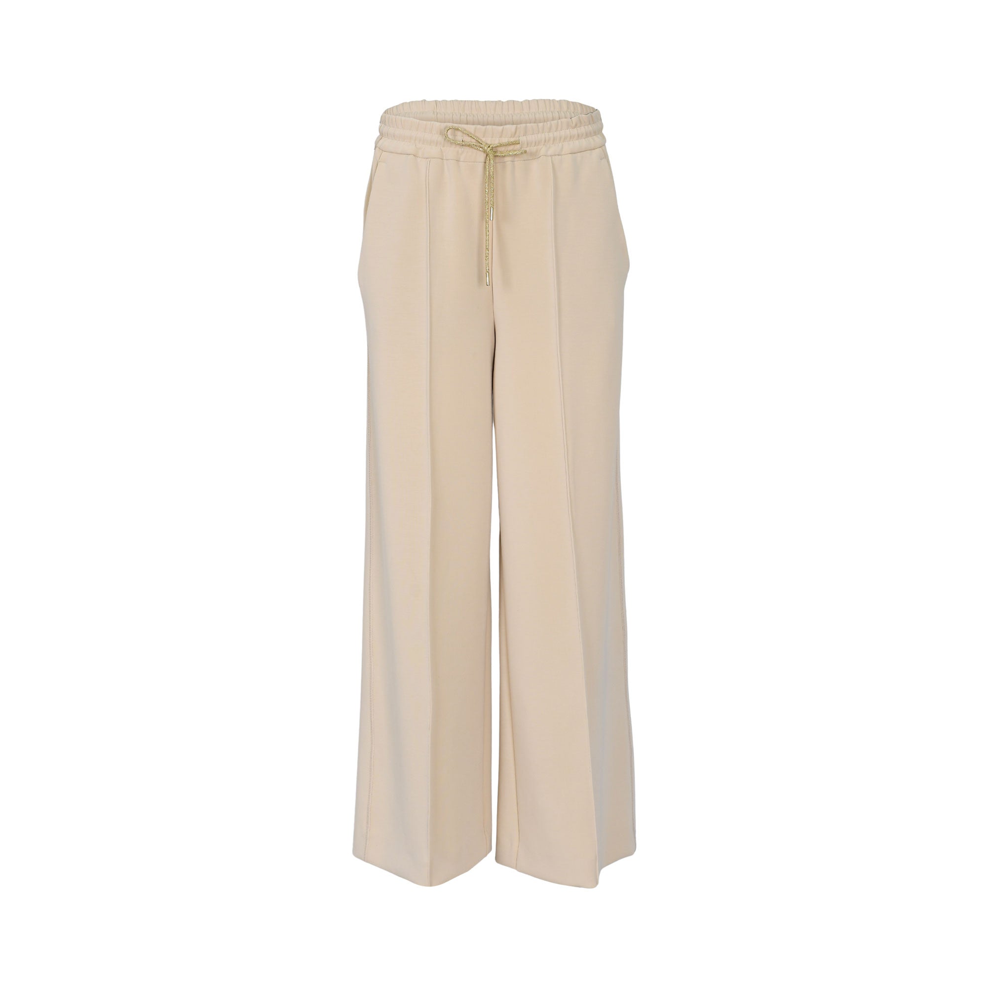 Beige wide-leg trousers with elasticated waistband and drawstring detail by MOMONI, photographed on a white background.