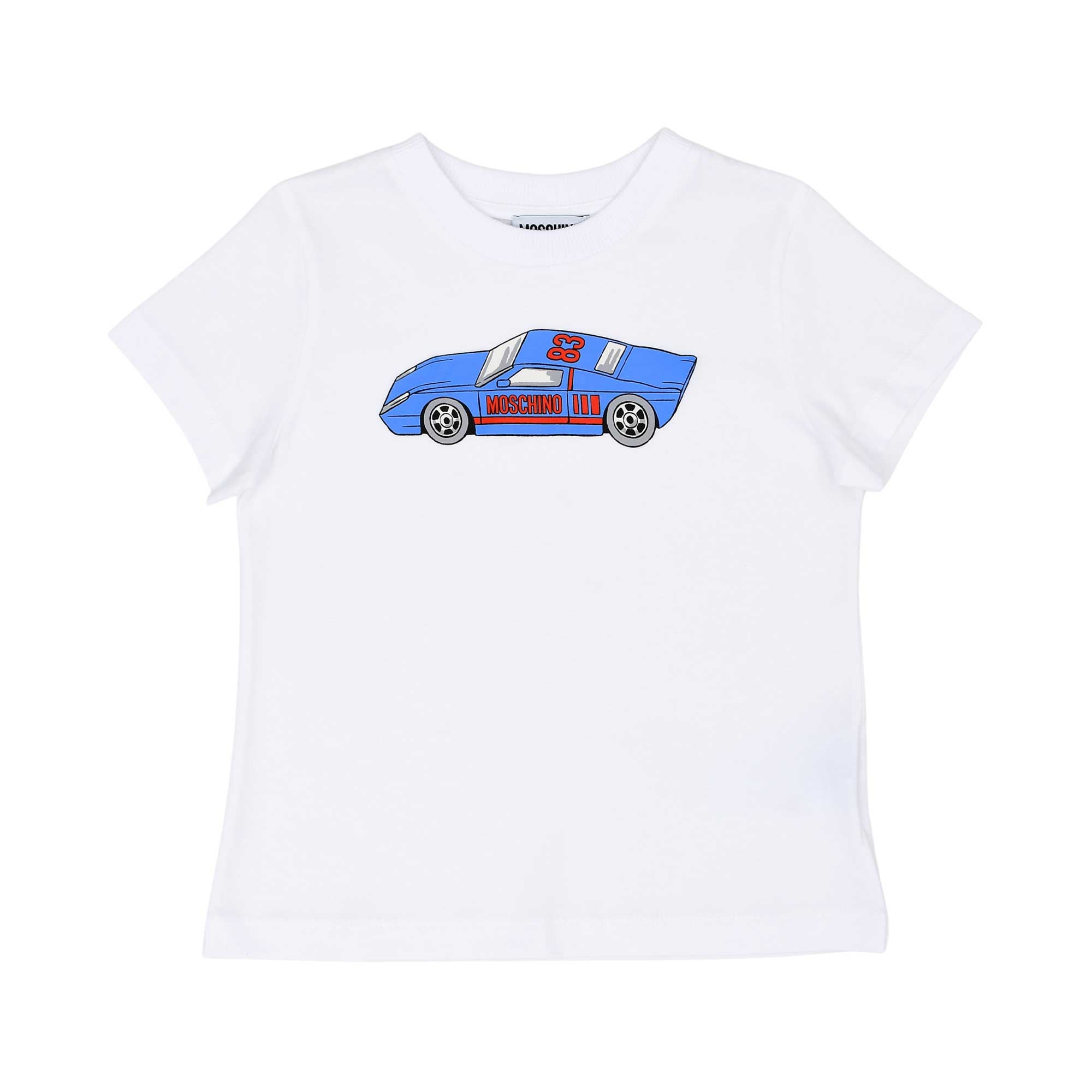 Front view of a white Moschino Kids T-shirt featuring a blue racing car graphic with the number 83 and red logo.