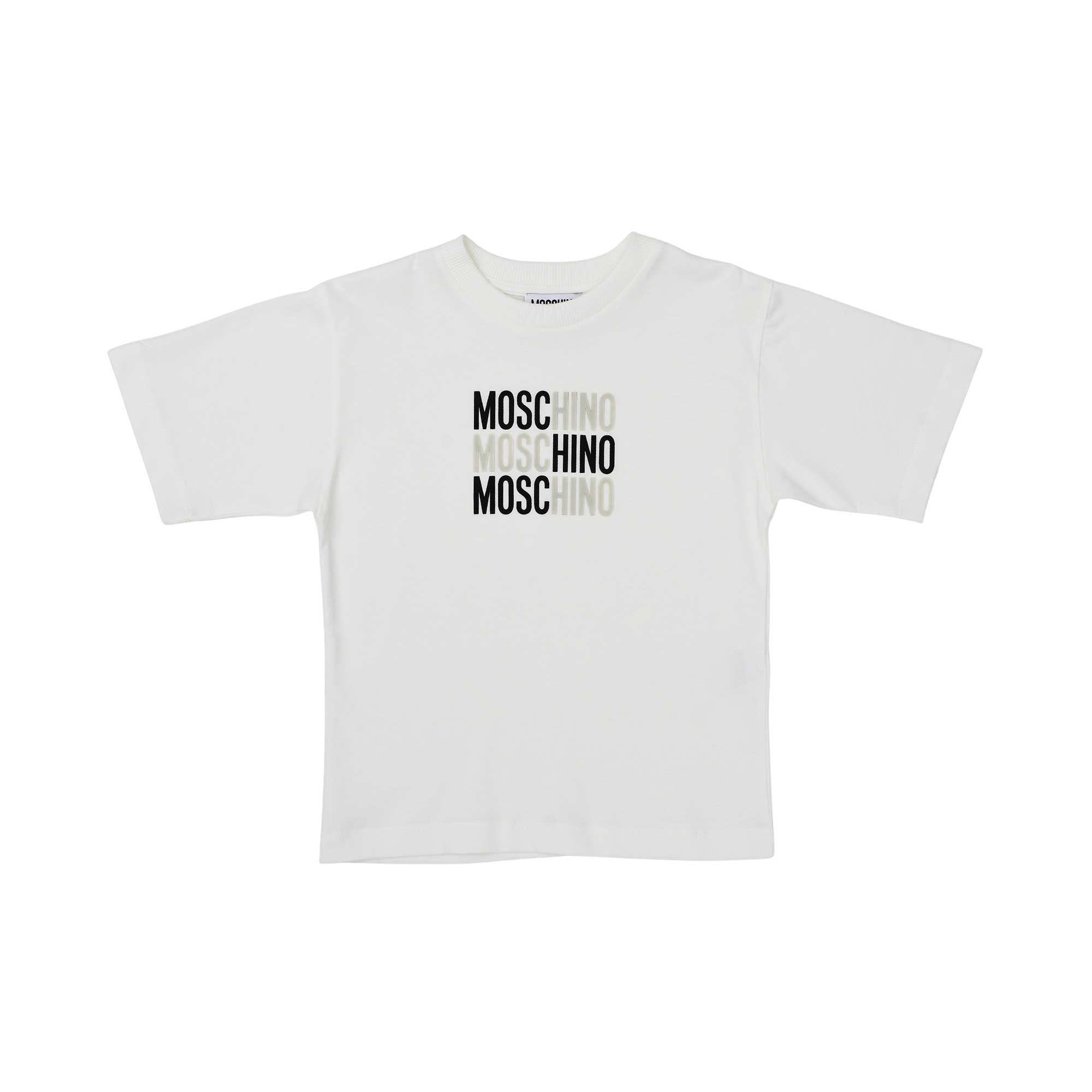 Front view of a navy blue Moschino Kids t-shirt featuring three stacked"Moschino" .