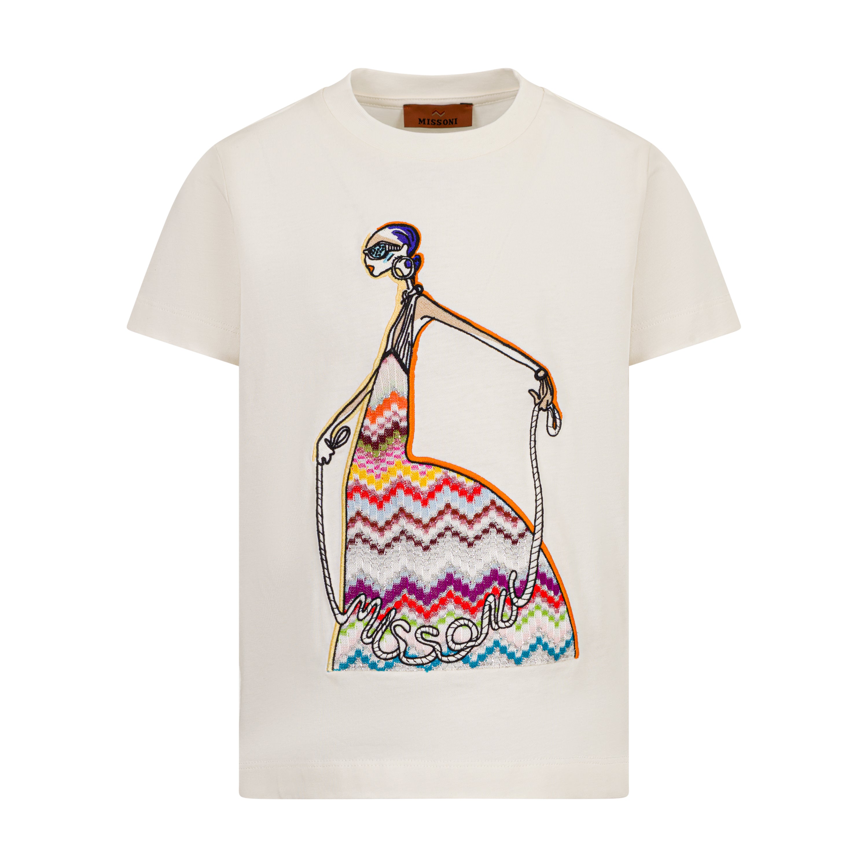 Ivory short-sleeved T-shirt with a colourful embroidered graphic of a stylised figure and zigzag pattern.