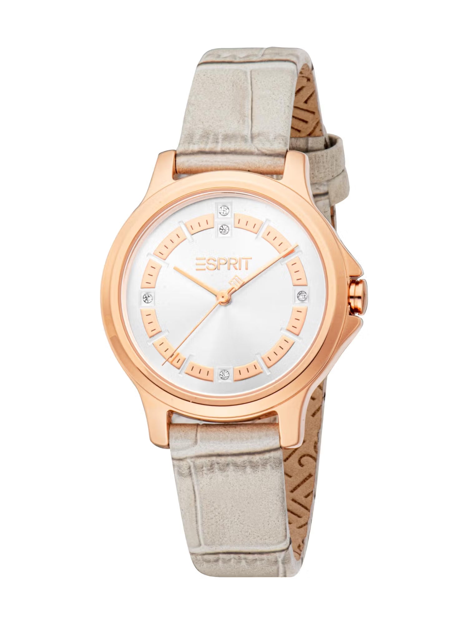 Front studio view of the Esprit women's watch ES1L516L0025, highlighting its polished rose gold case, geometric white dial with crystal indices, and an off-white croc-textured leather strap.