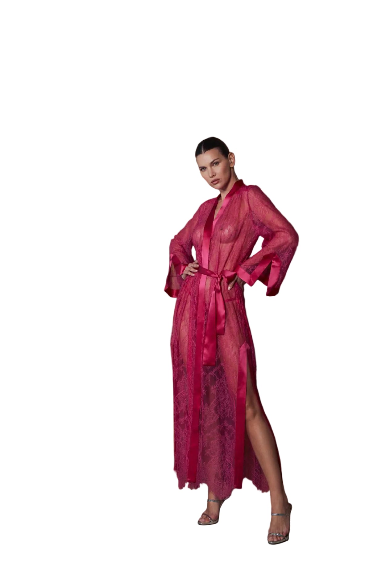 Hot pink sheer floral lace long kimono robe with silk satin trims, wide sleeves, and a tie belt