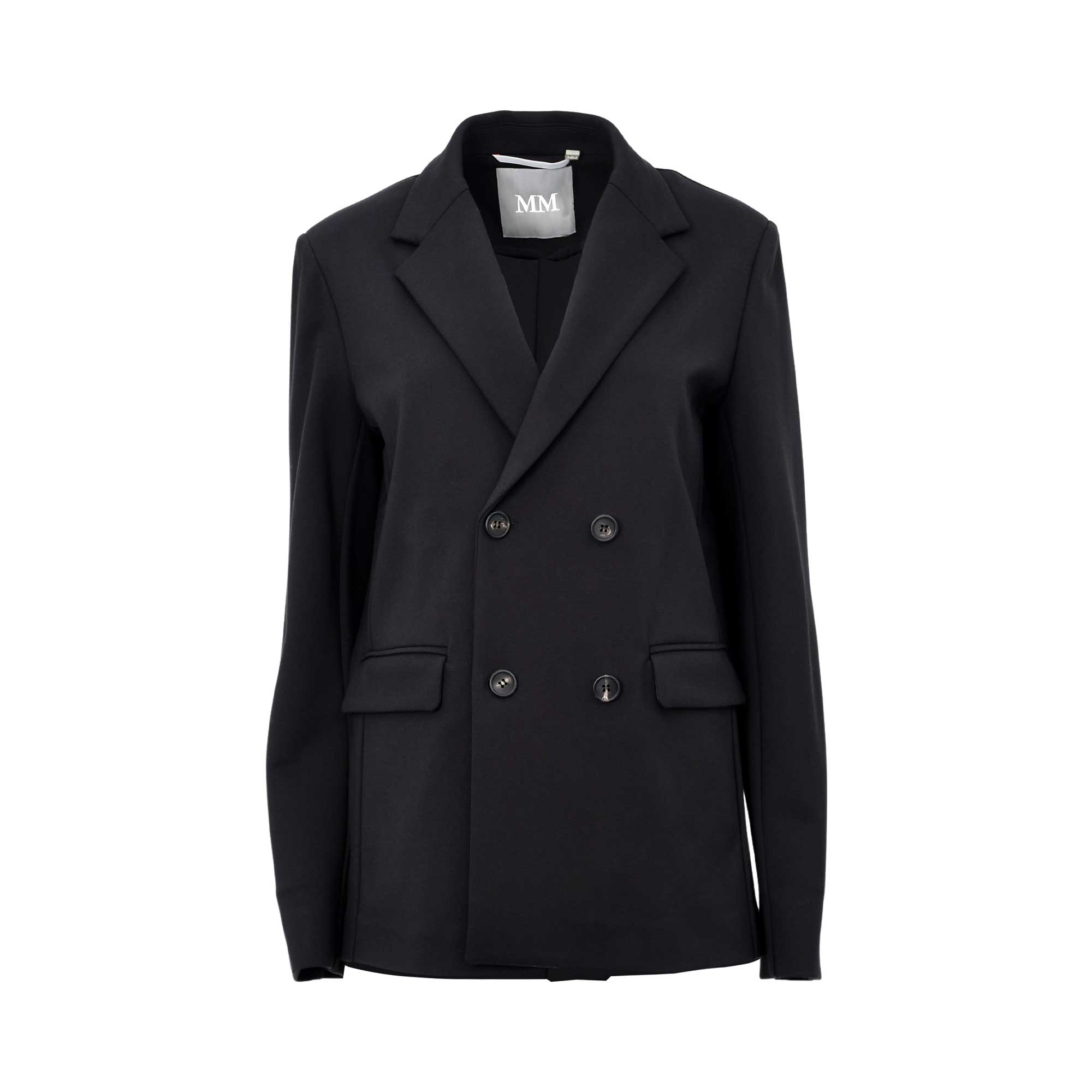 A front View Max-Mara black double-breasted Max Mara blazer with four tortoiseshell buttons and flap pockets.