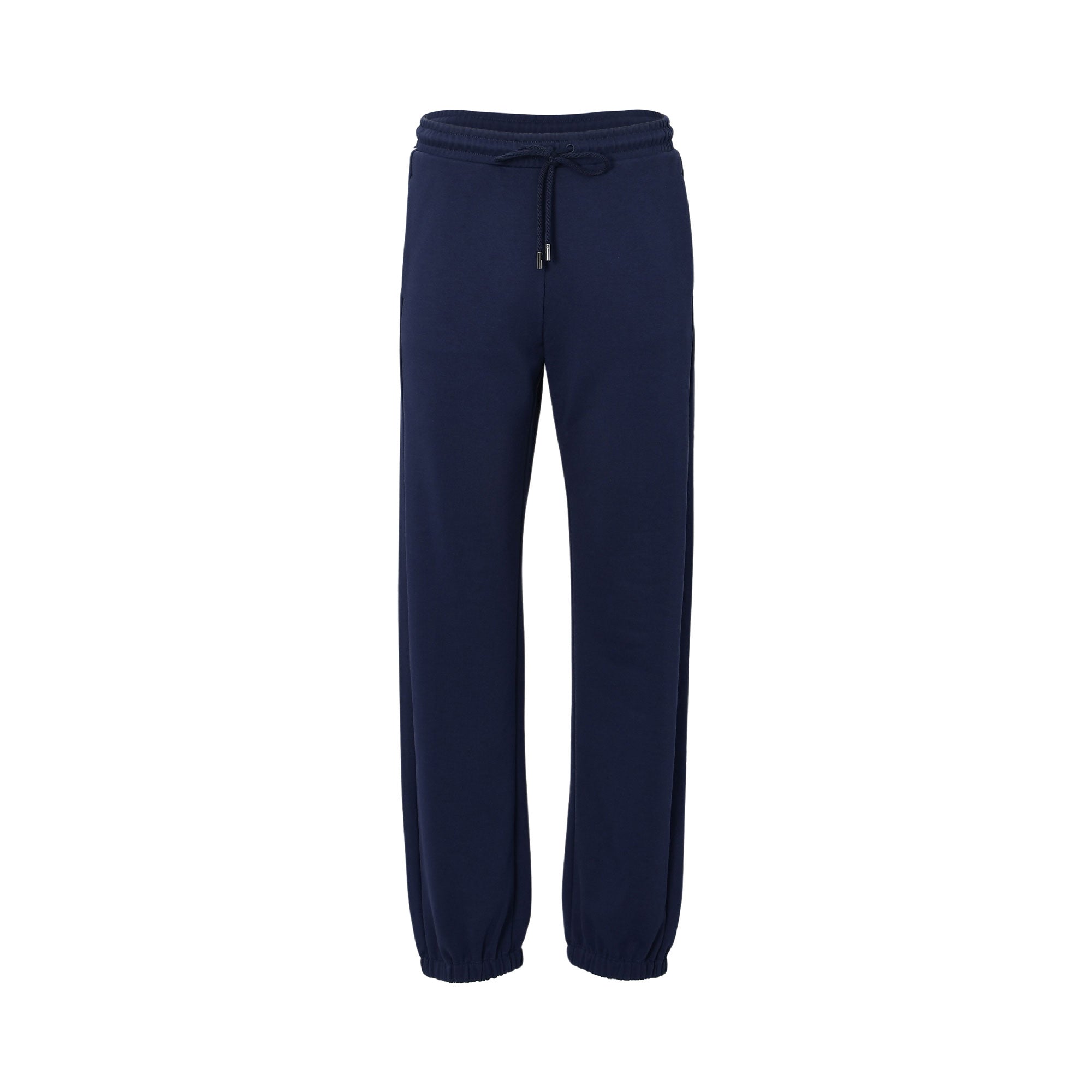 Max Mara navy blue sweatpants with a drawstring elastic waistband and gathered ankle cuffs on a white background.