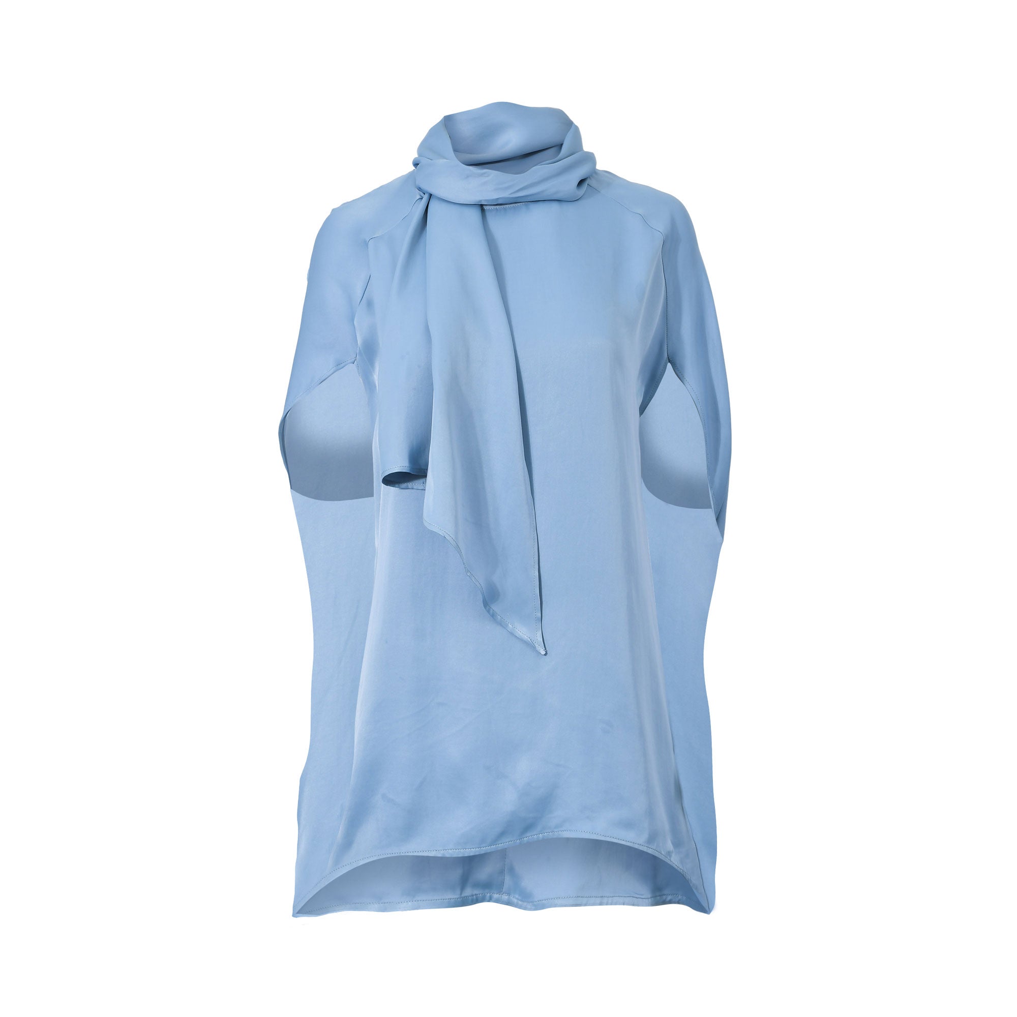 Front studio presentation of the Meimeij blue satin cape blouse highlighting its fluid drape, scarf detail, and asymmetrical high-low hem from BLUE SALON shop.