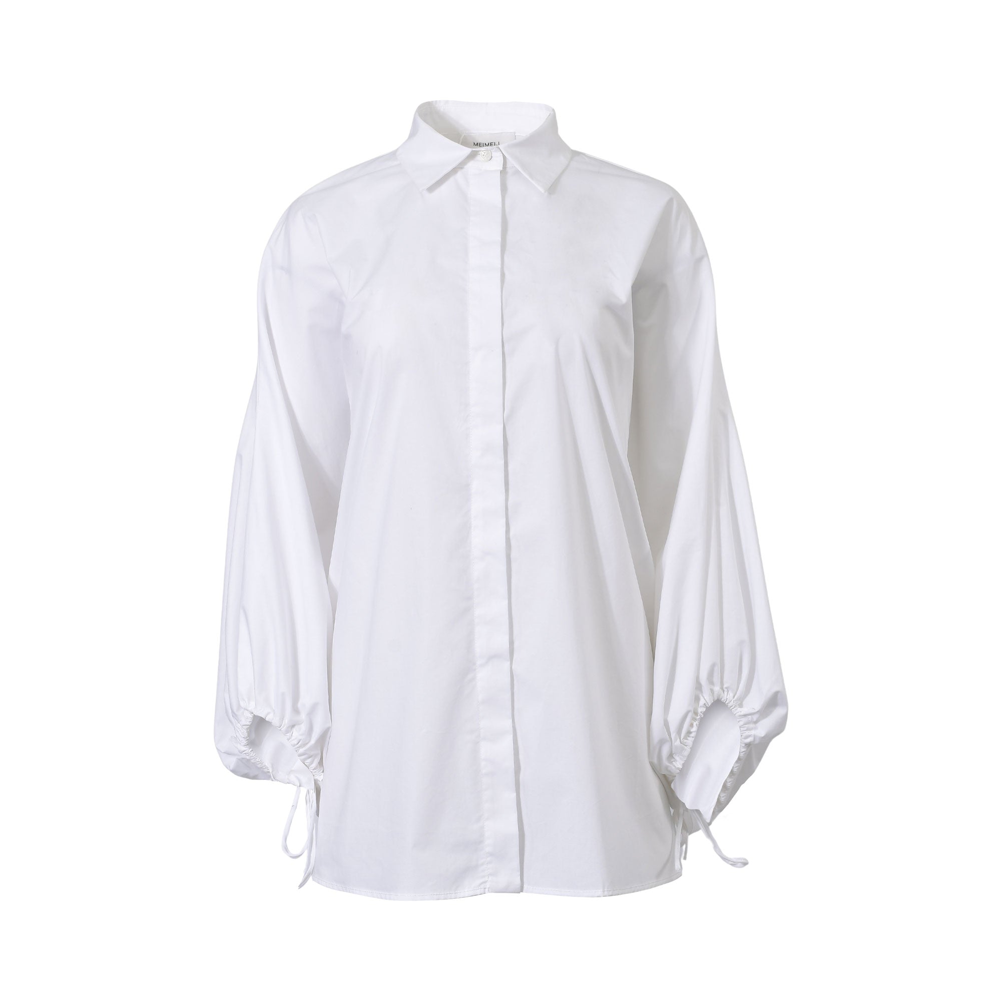Front studio shot of the Meimeij women's crisp white tunic shirt, highlighting its classic point collar, hidden placket, and voluminous sleeves from BLUE SALON shop.