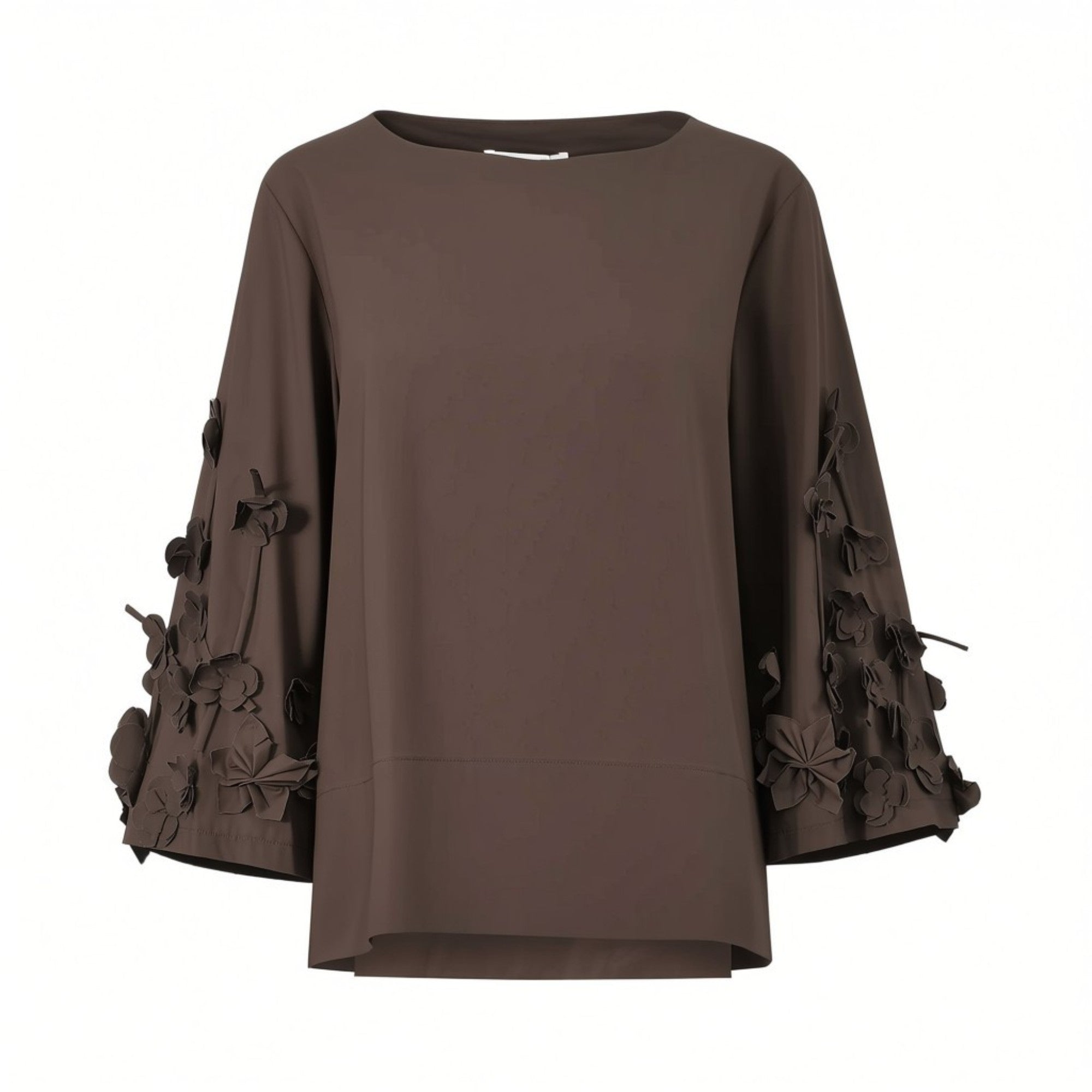 Front studio shot of a Meimeij women's dark chocolate brown blouse featuring a boat neck and wide sleeves adorned with 3D fabric flower appliques from BLUE SALON shop.