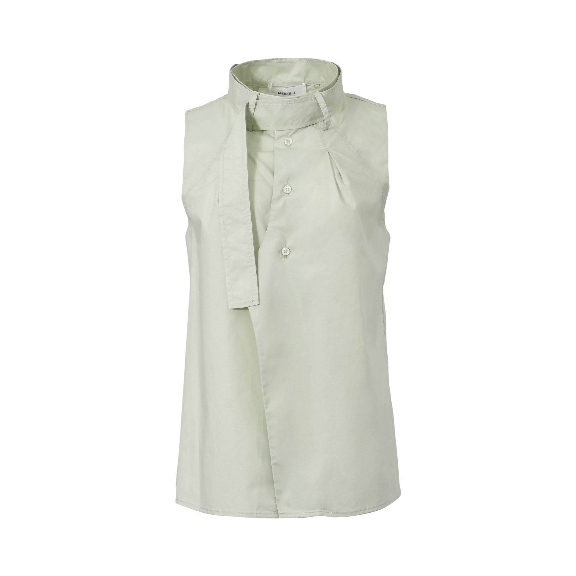 Front studio presentation of the Meimeij sleeveless mint green blouse showcasing its high collar, integrated neck scarf, and overlapping buttoned front design.