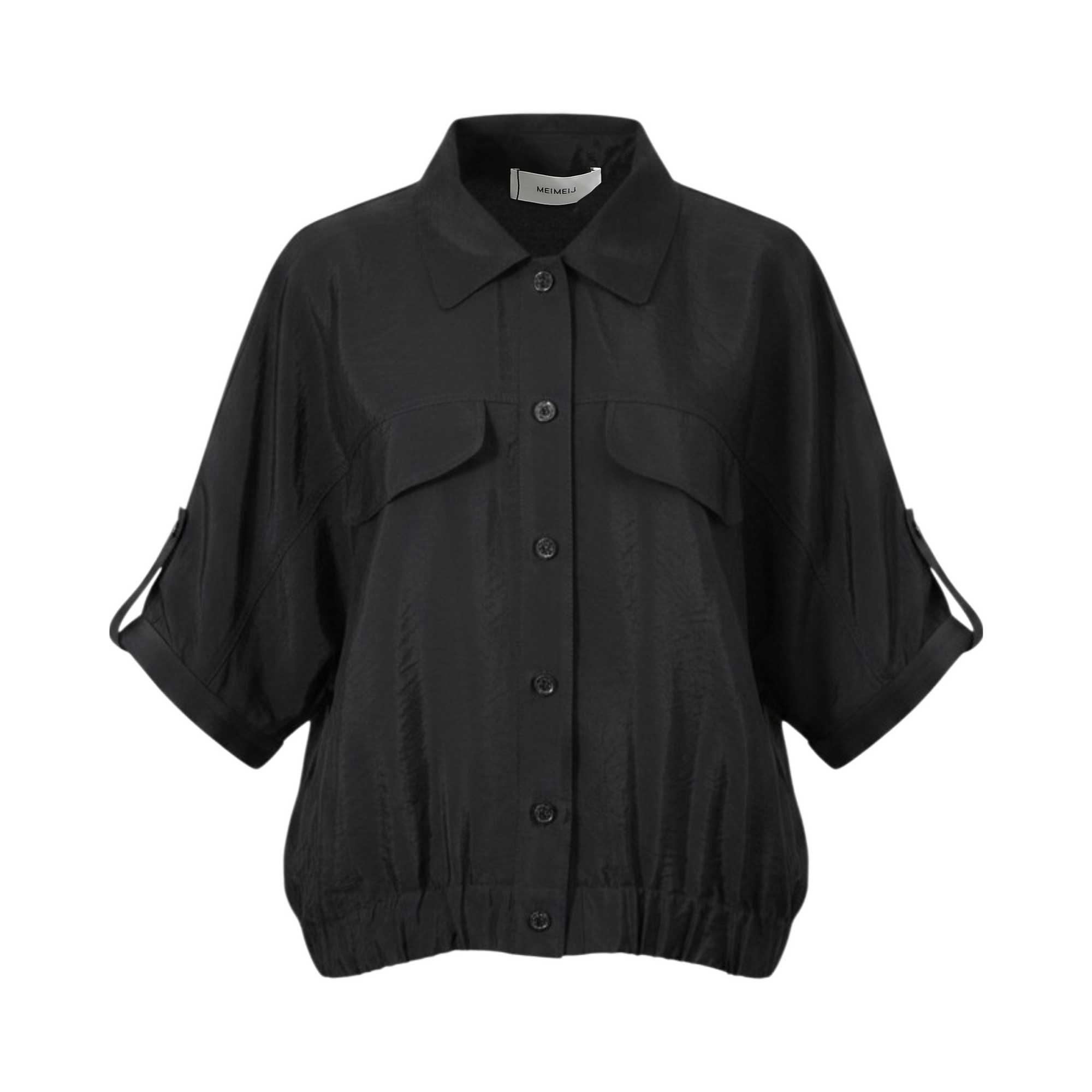 Front studio shot of a Meimeij women's short-sleeve button-down blouse in black featuring utility chest pockets and an elasticated waistband from BLUE SALON shop.